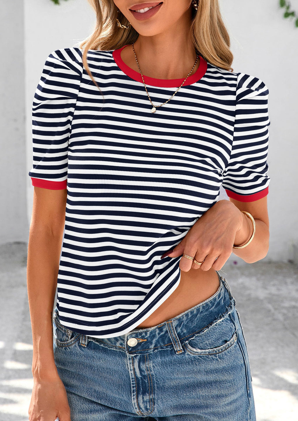 Women's Summer Puff Sleeve Tops Casual Ribbed Knit Crop Top Color Block Trendy Crewneck Striped Shirts
