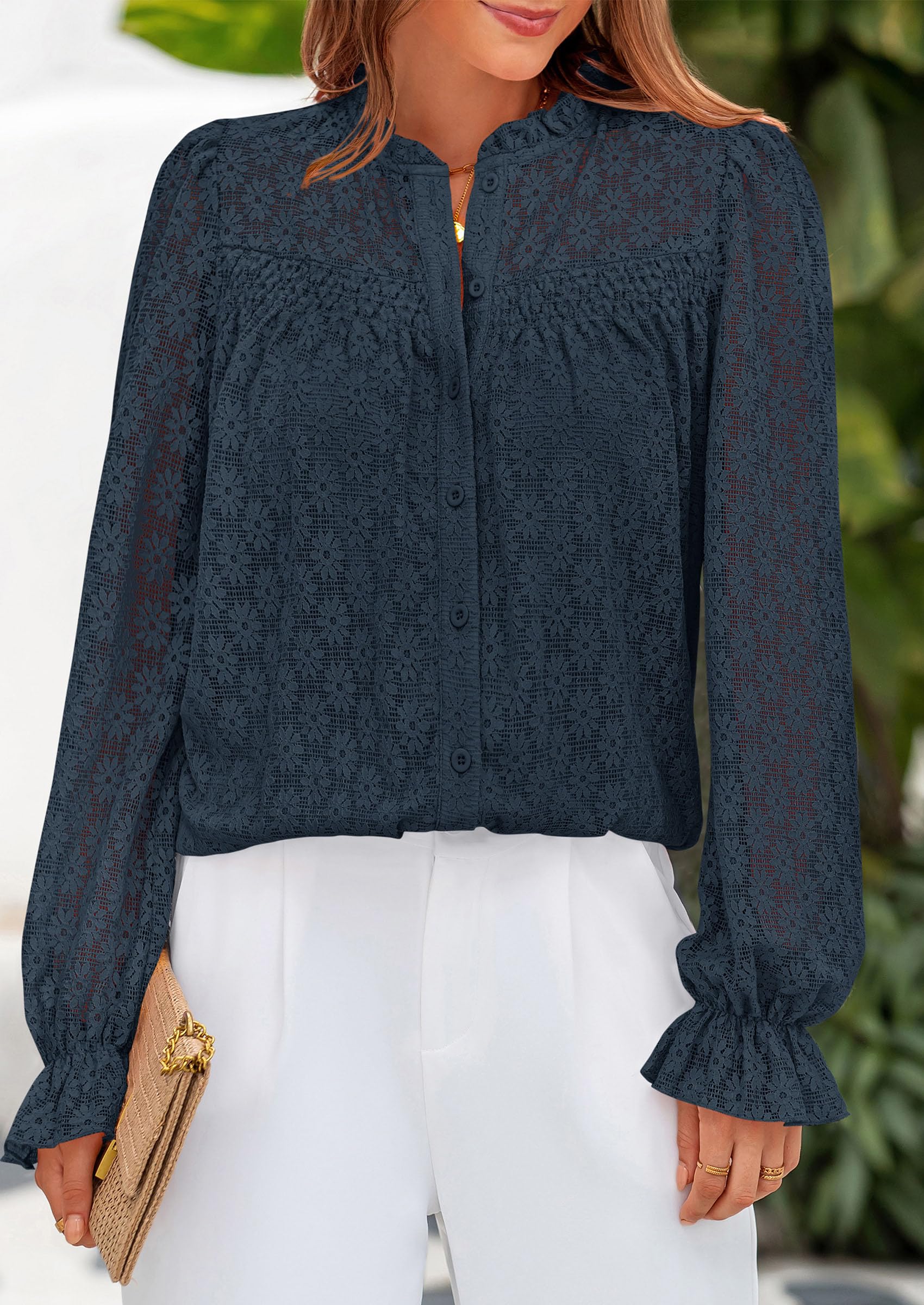 Lace Long Sleeve Tops for Women Eyelet Blouses Dressy Casual Hollow Out Button Down Shirts Summer Outfits