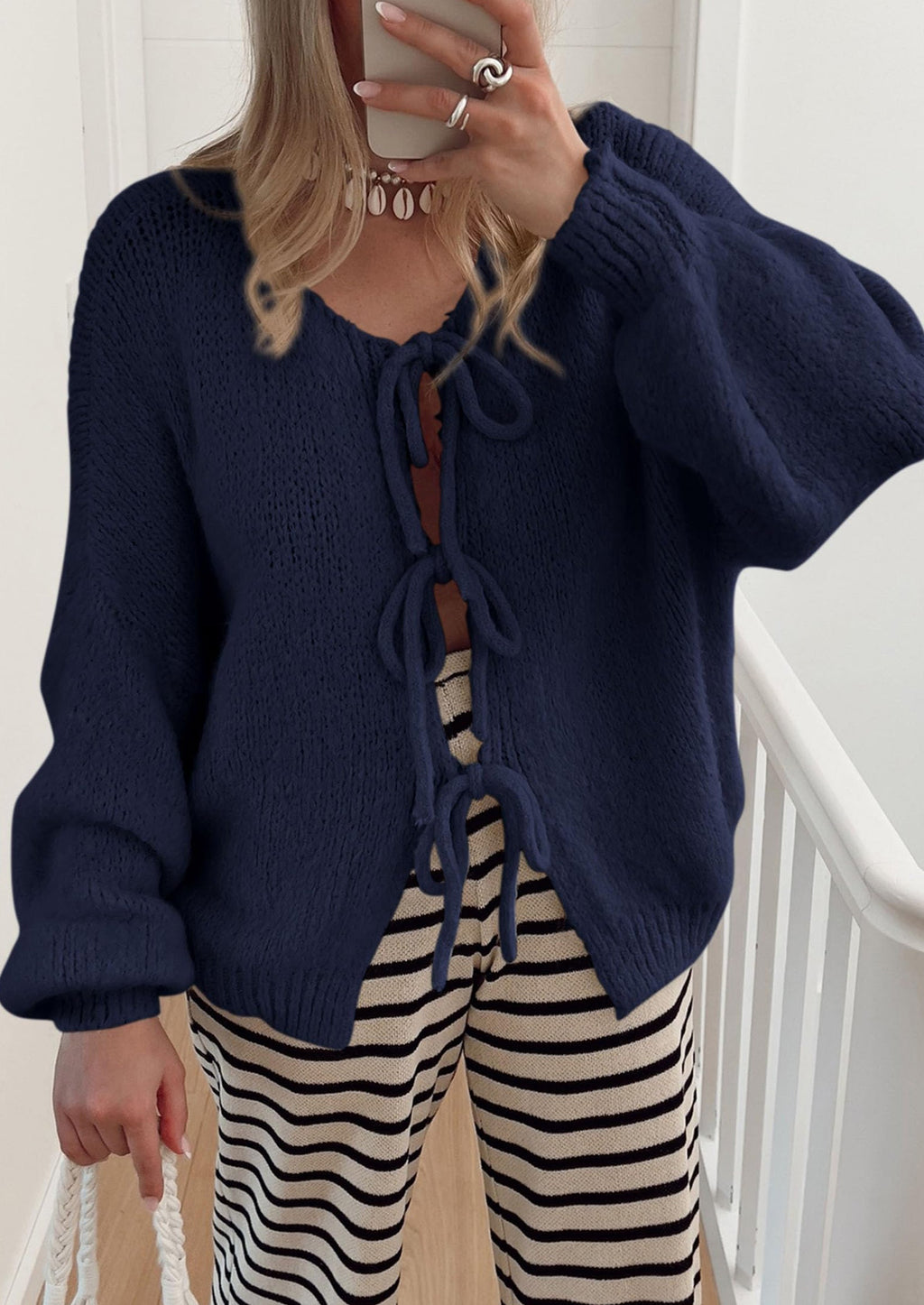 Women's Tie Front Bow Cardigan Sweaters Chunky Knit Long Puff Sleeve Trendy Fall Winter Jacket Coats