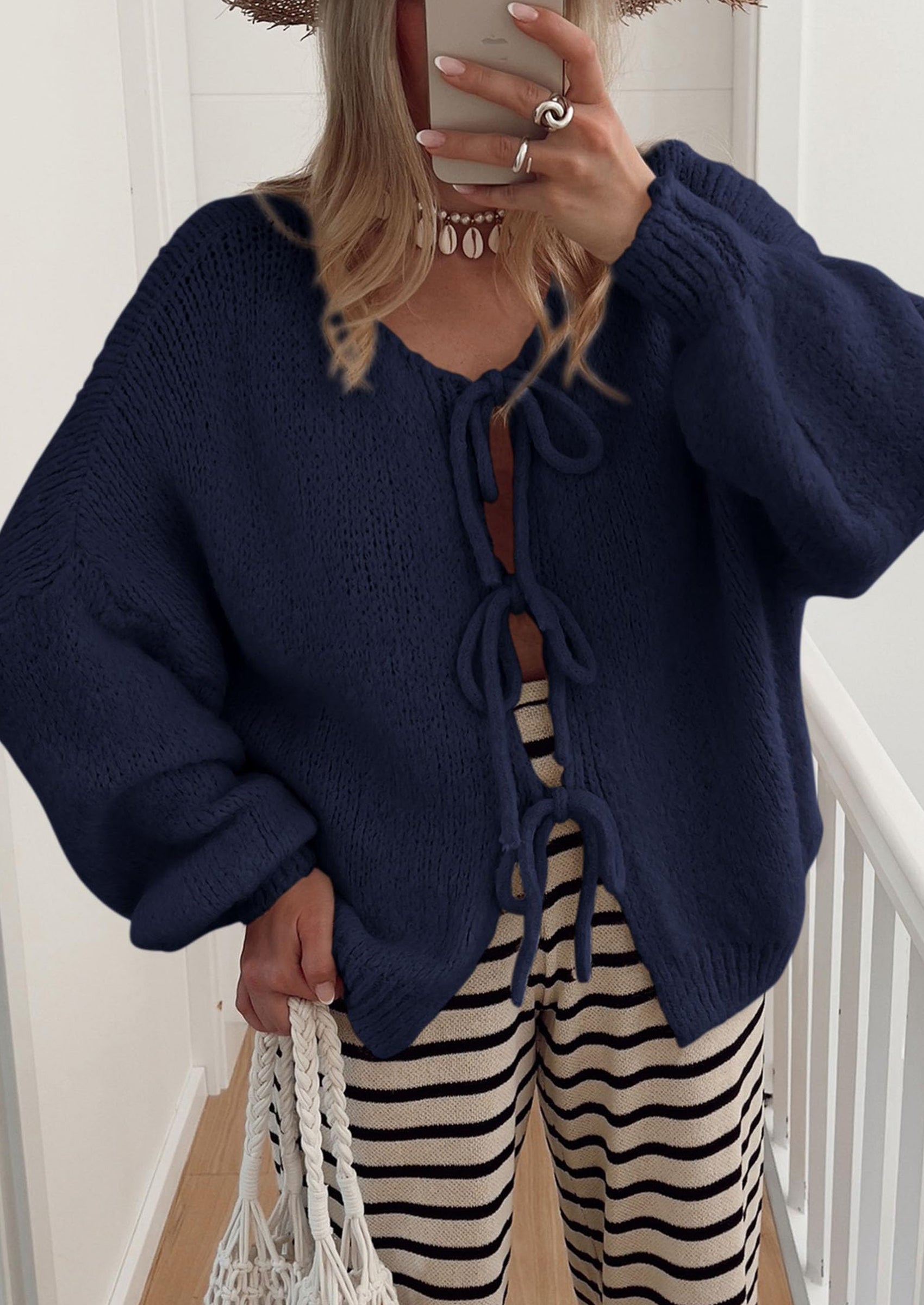 Women's Tie Front Bow Cardigan Sweaters Chunky Knit Long Puff Sleeve Trendy Fall Winter Jacket Coats