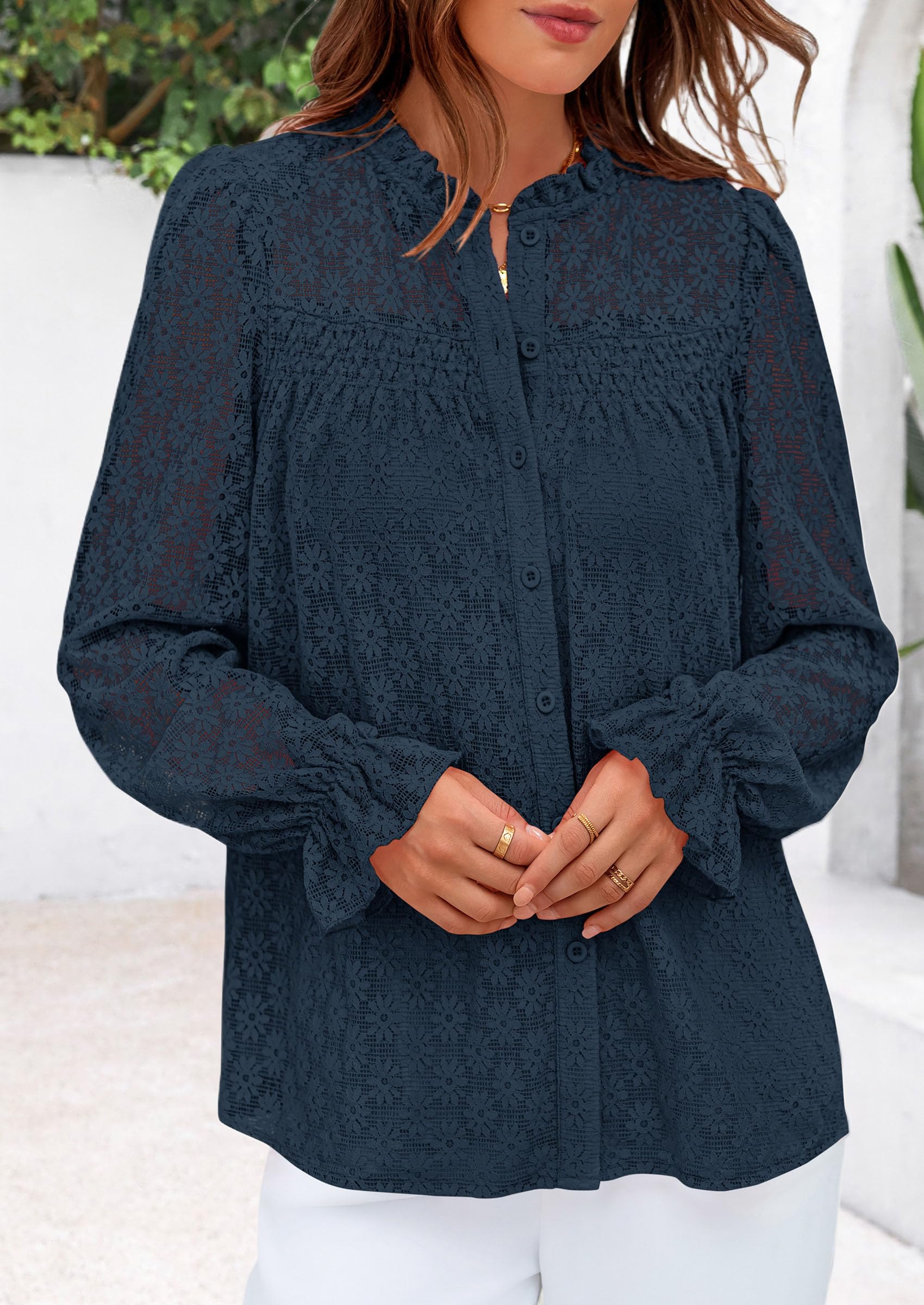 Lace Long Sleeve Tops for Women Eyelet Blouses Dressy Casual Hollow Out Button Down Shirts Summer Outfits