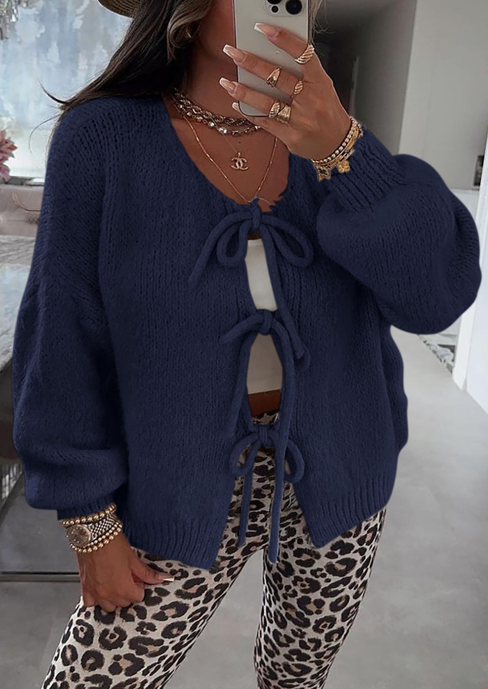 Women's Tie Front Bow Cardigan Sweaters Chunky Knit Long Puff Sleeve Trendy Fall Winter Jacket Coats