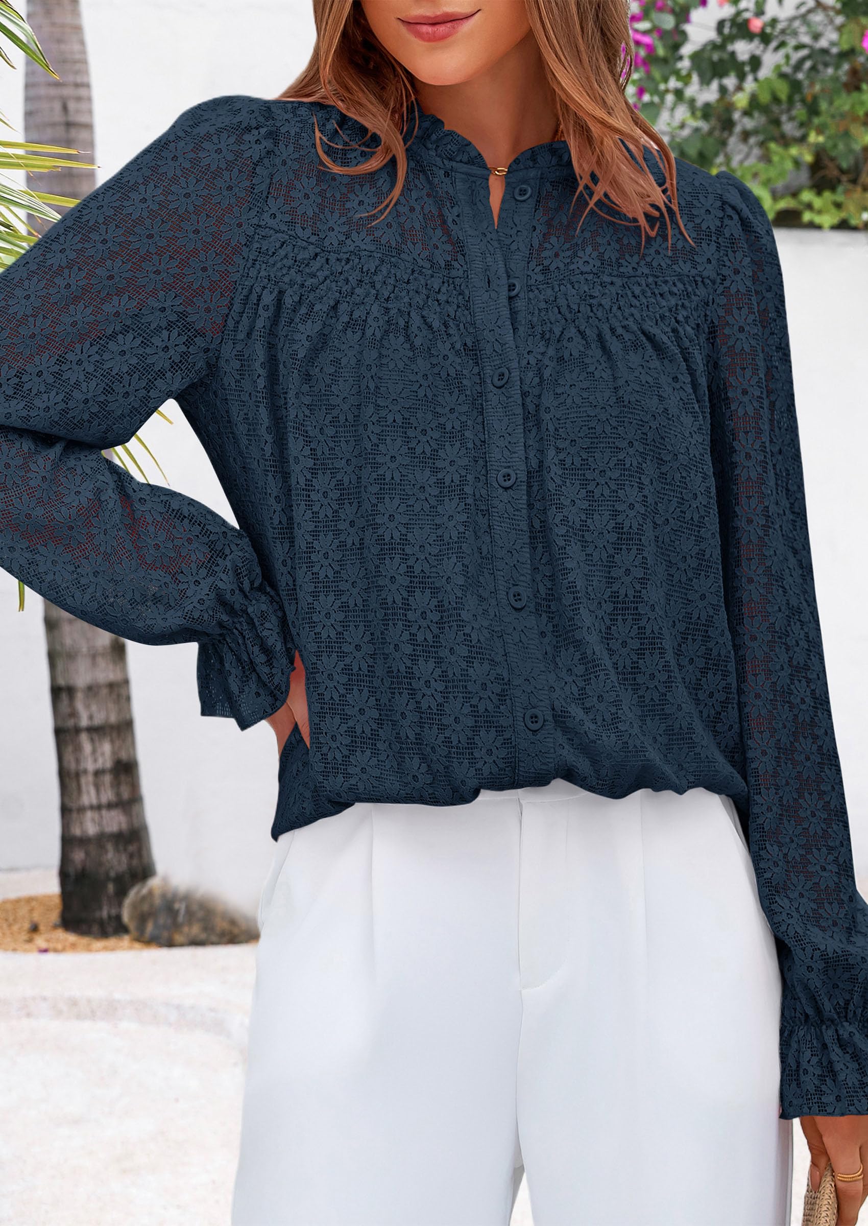 Lace Long Sleeve Tops for Women Eyelet Blouses Dressy Casual Hollow Out Button Down Shirts Summer Outfits