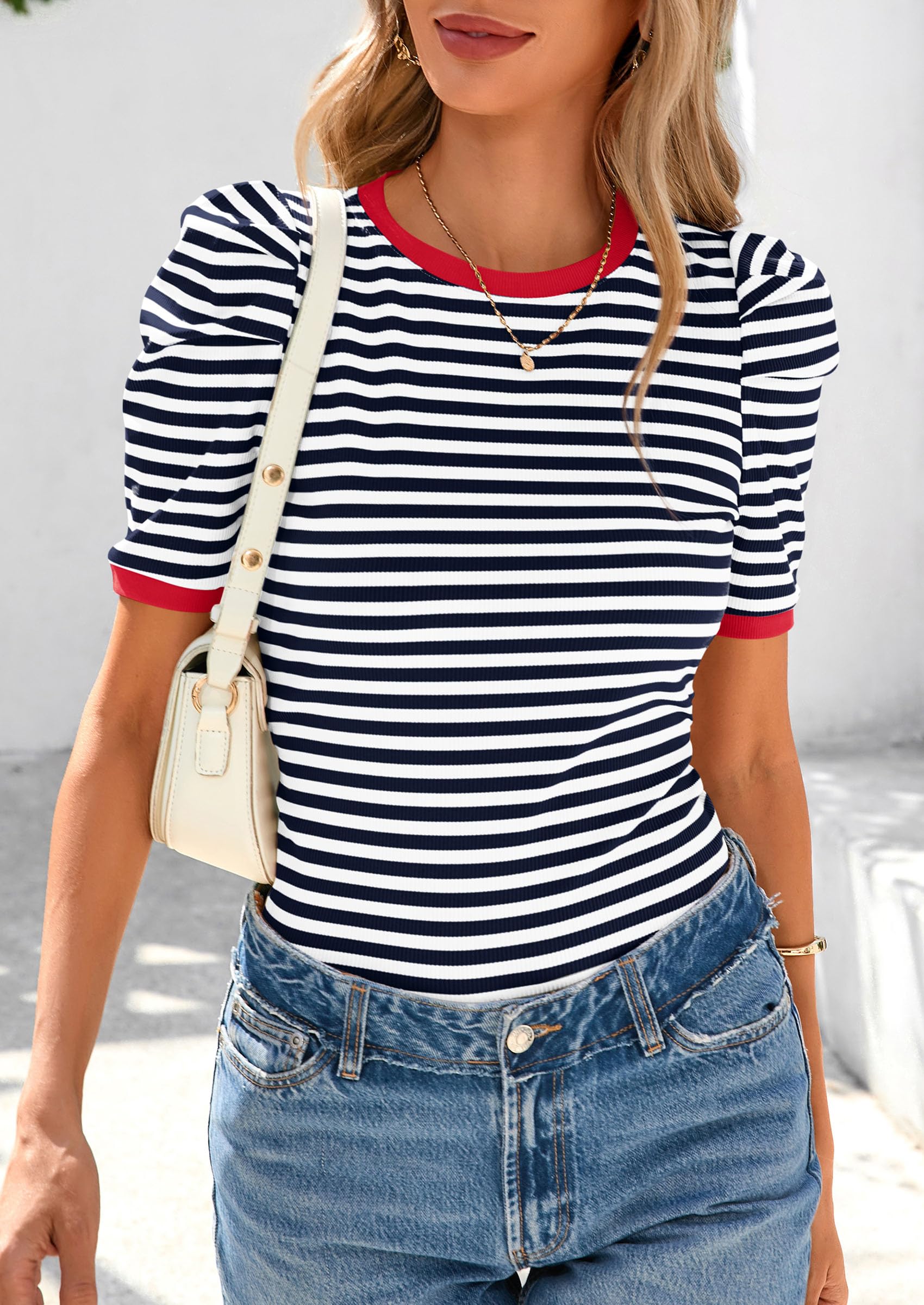 Women's Summer Puff Sleeve Tops Casual Ribbed Knit Crop Top Color Block Trendy Crewneck Striped Shirts