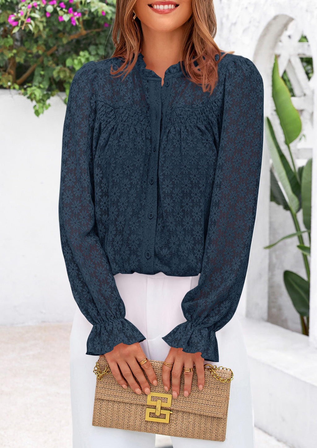 Lace Long Sleeve Tops for Women Eyelet Blouses Dressy Casual Hollow Out Button Down Shirts Summer Outfits