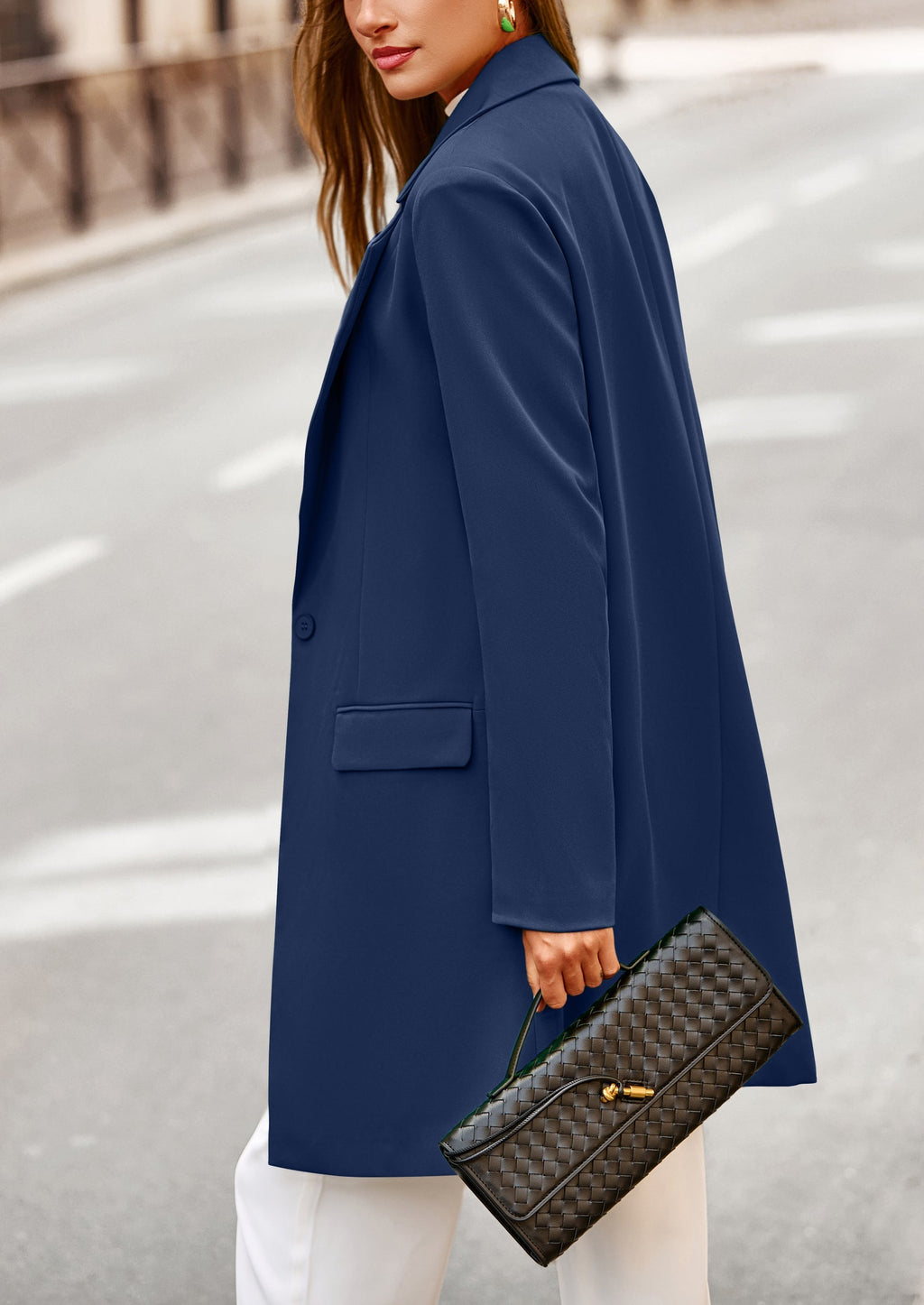 Women's Spring Fall Long Blazer Jackets Long Sleeve Lapel Pockets Loose Fit Work Casual Blazers Outerwear