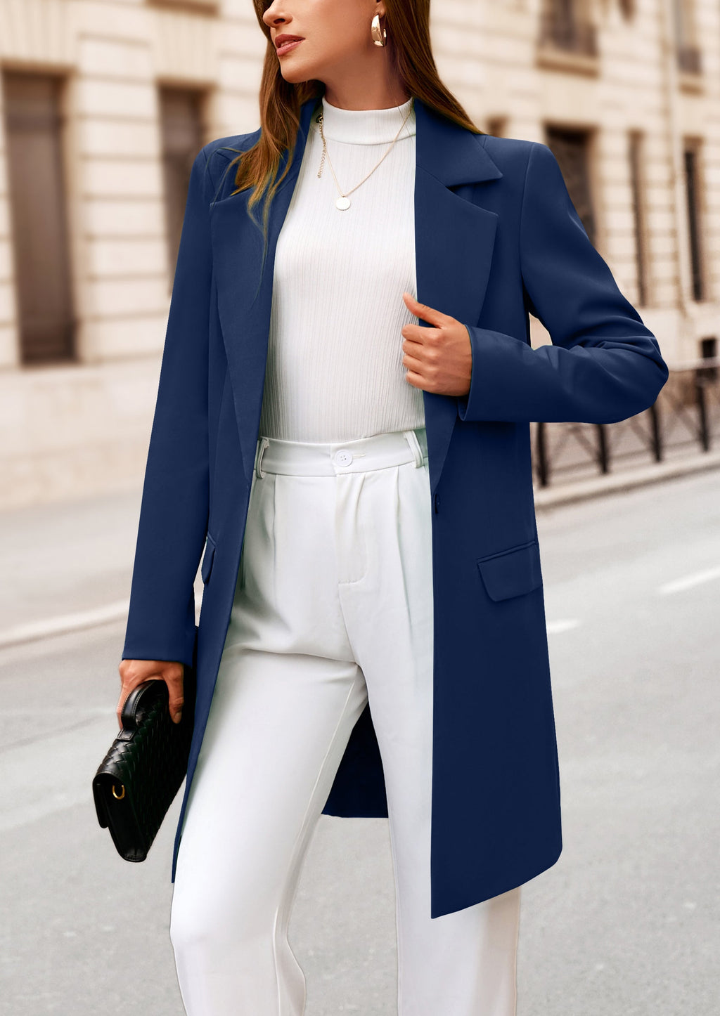Women's Spring Fall Long Blazer Jackets Long Sleeve Lapel Pockets Loose Fit Work Casual Blazers Outerwear