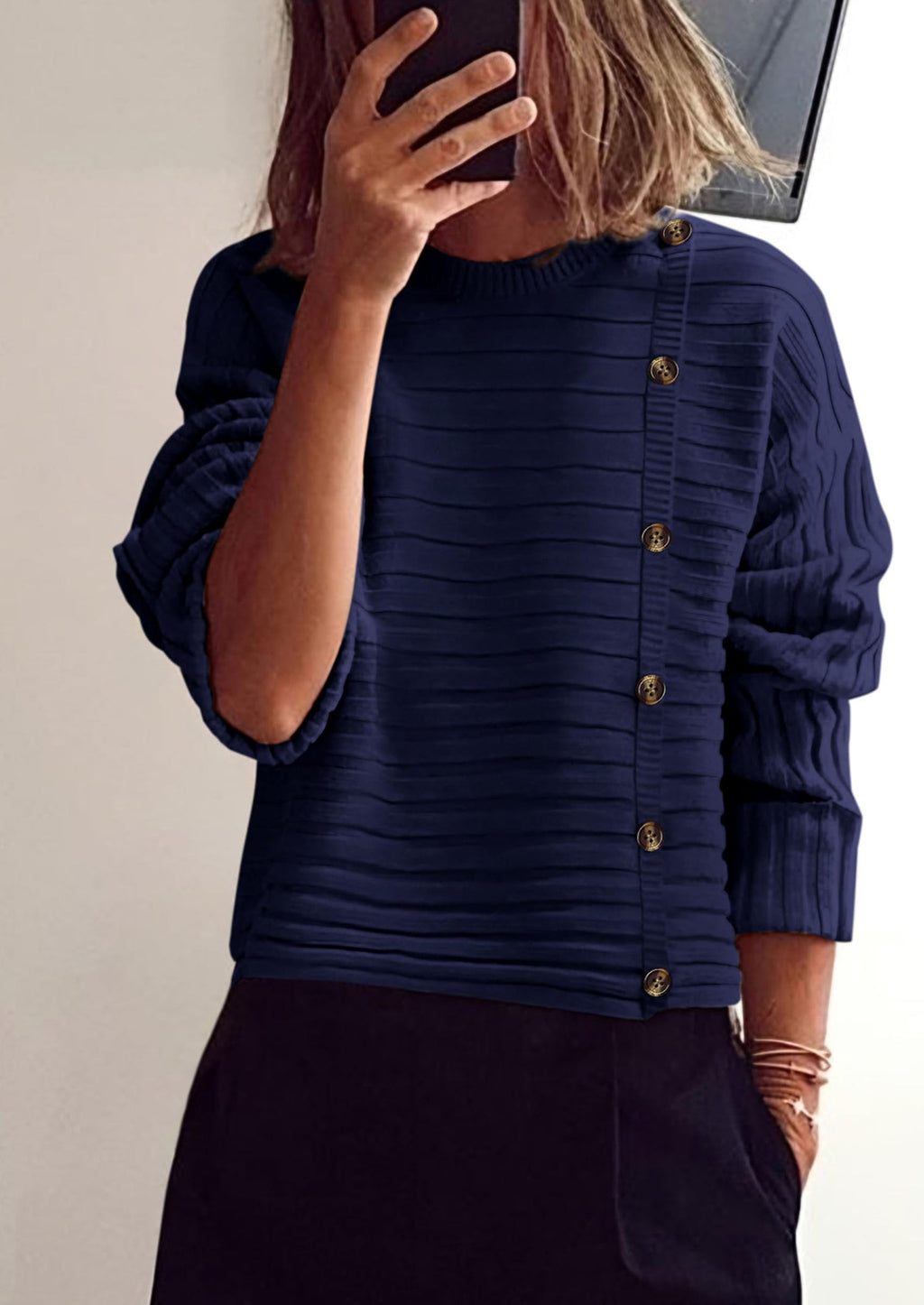 Womens Sweaters Fall Casual Long Sleeve Crewneck Button Loose Winter Knit Pullover Sweater Tops