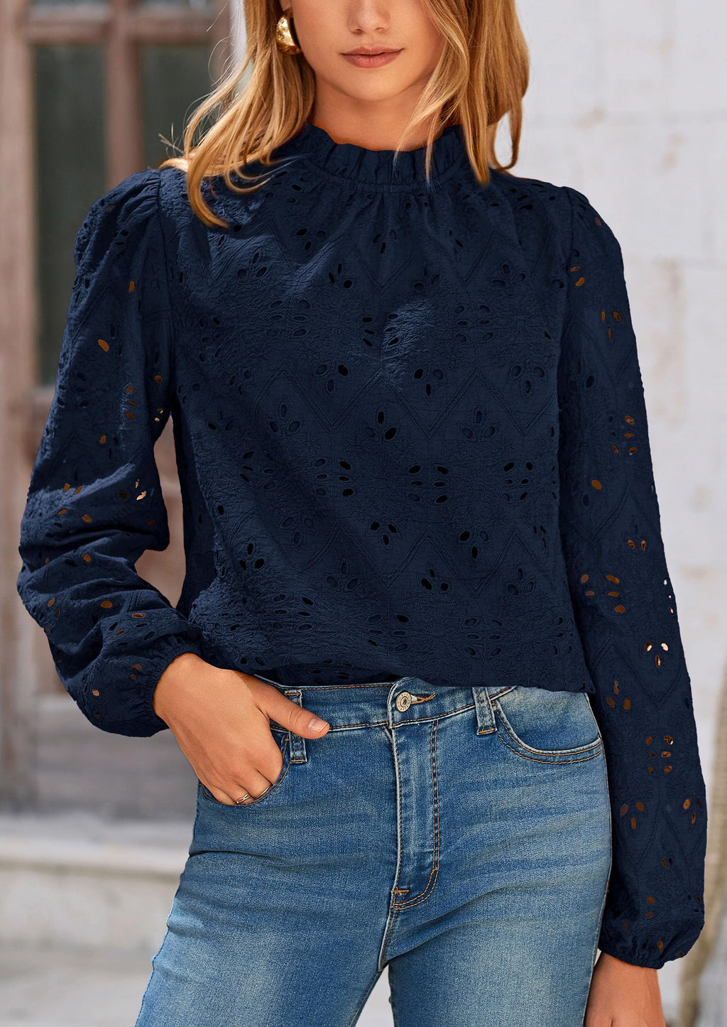 Womens Tops Dressy Casual Spring Long Sleeve Shirts Embroidered Eyelet Blouses Going Out Outfits