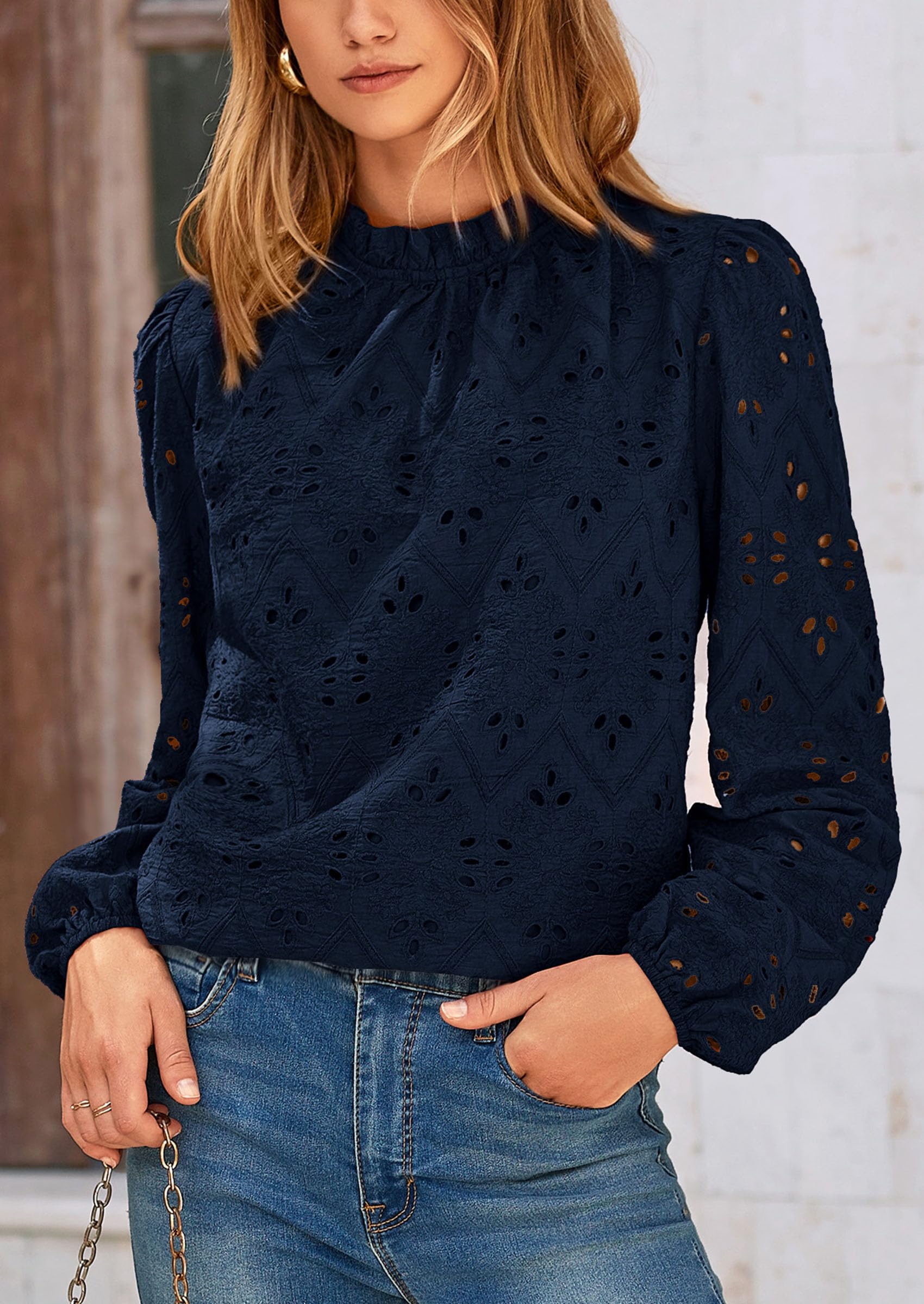 Womens Tops Dressy Casual Spring Long Sleeve Shirts Embroidered Eyelet Blouses Going Out Outfits