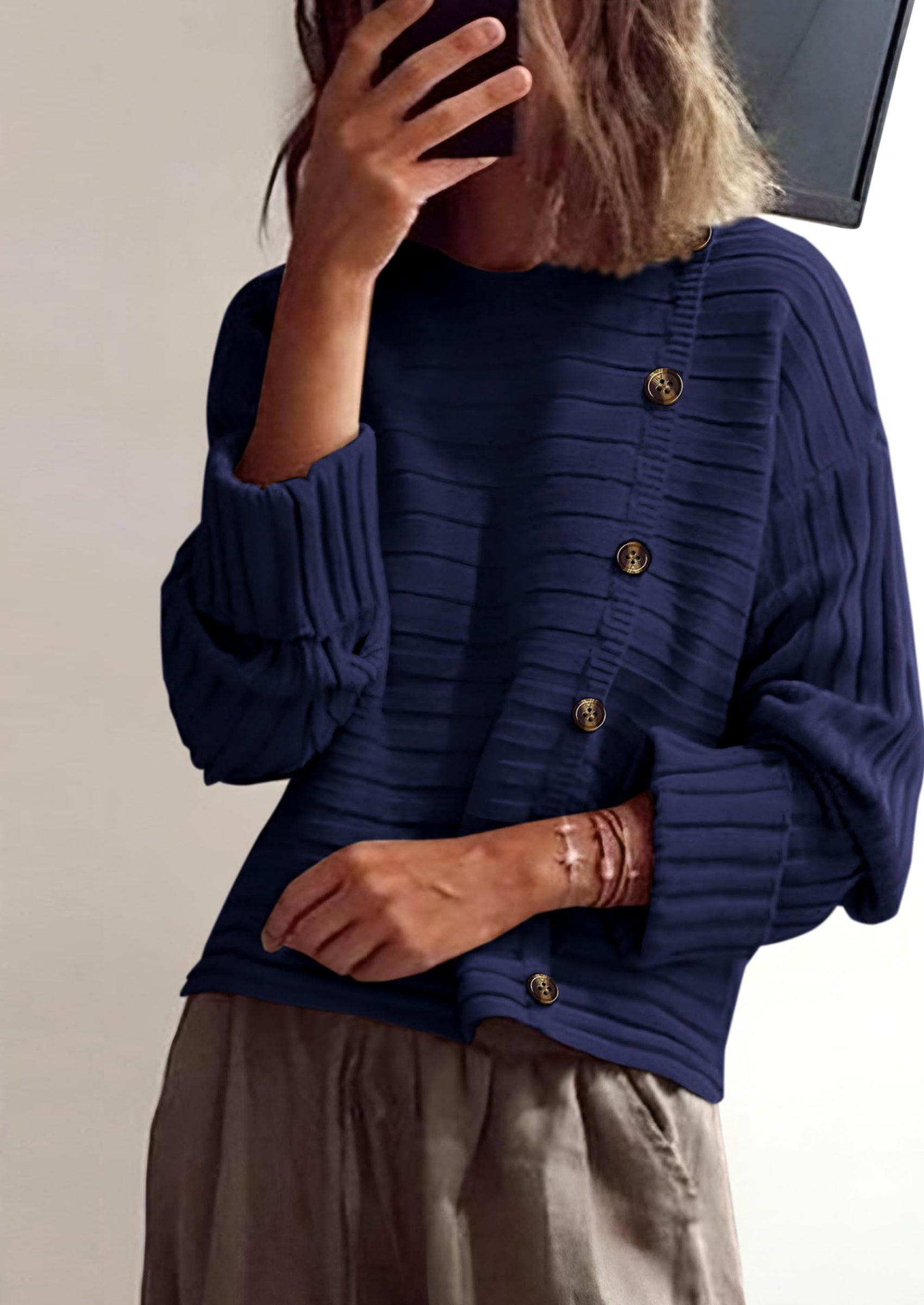 Womens Sweaters Fall Casual Long Sleeve Crewneck Button Loose Winter Knit Pullover Sweater Tops