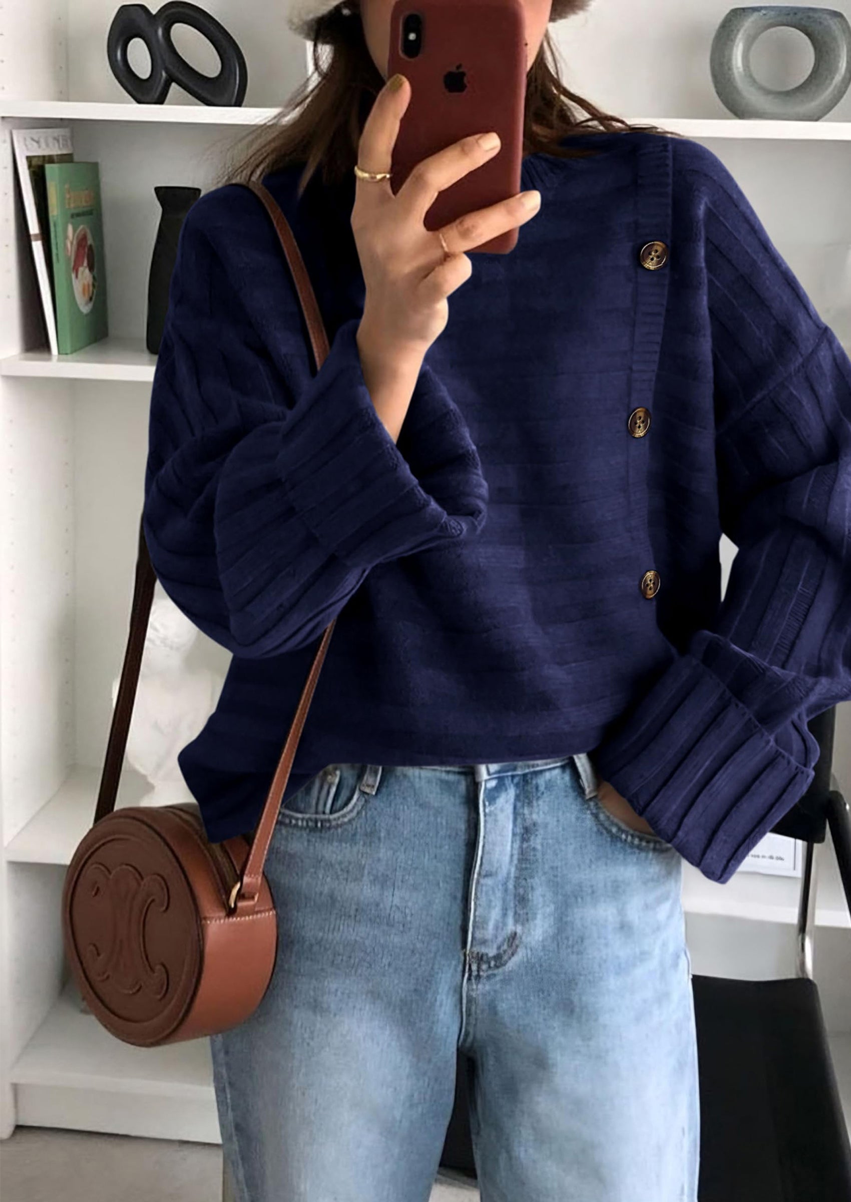 Womens Sweaters Fall Casual Long Sleeve Crewneck Button Loose Winter Knit Pullover Sweater Tops