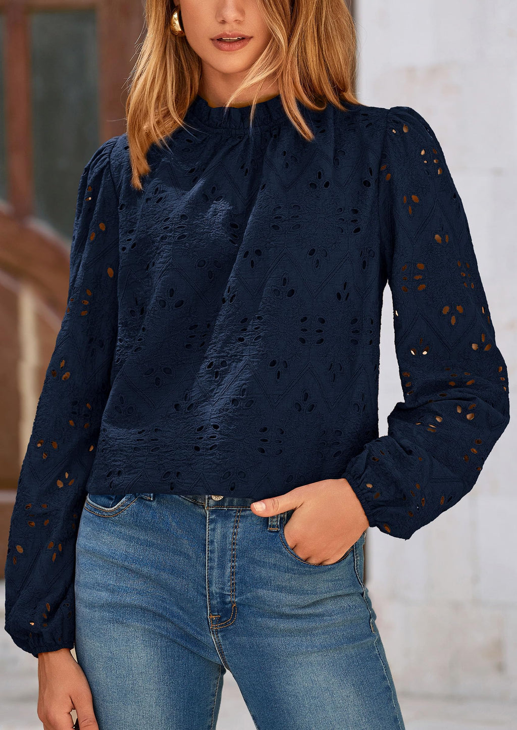 Womens Tops Dressy Casual Spring Long Sleeve Shirts Embroidered Eyelet Blouses Going Out Outfits