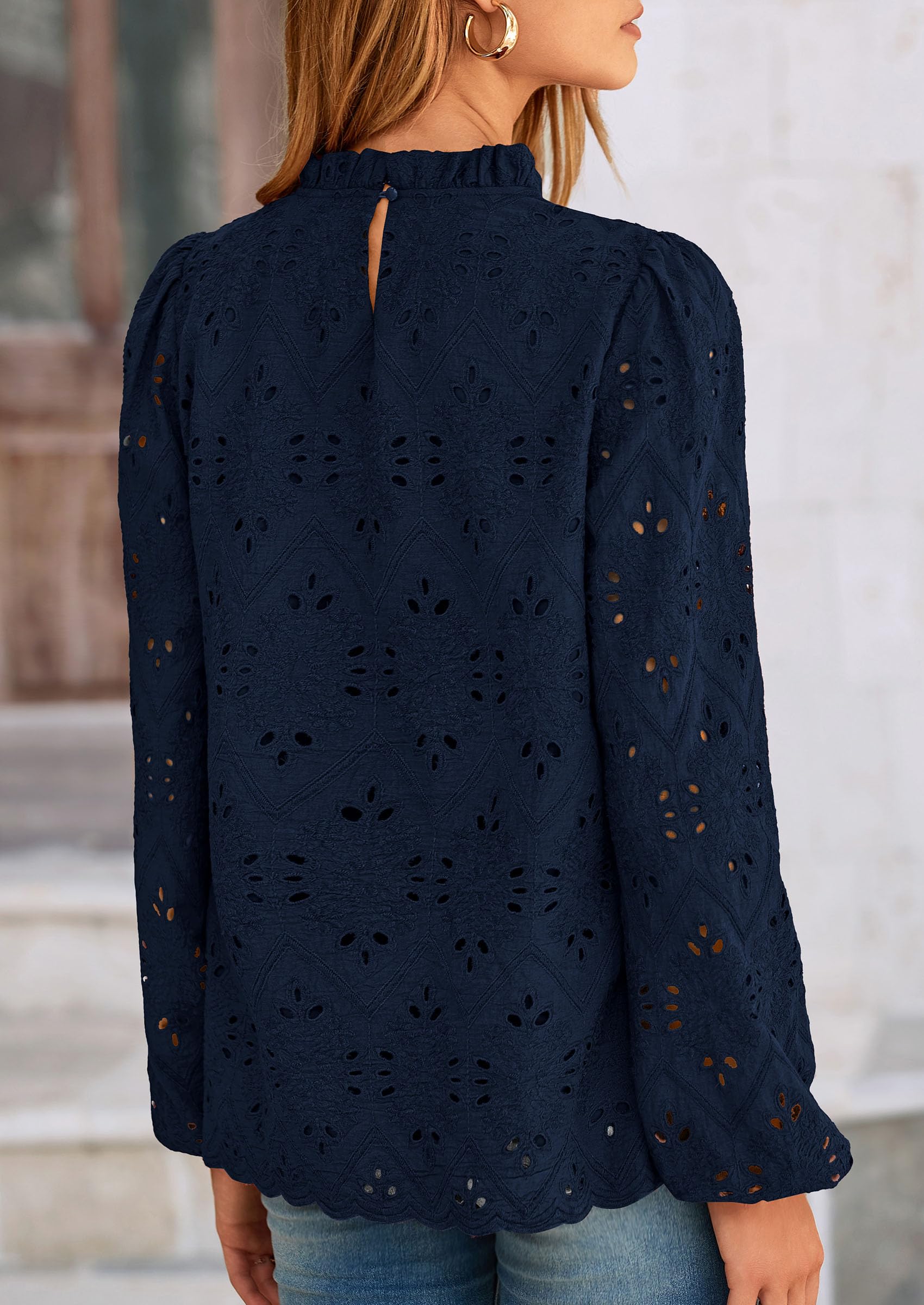 Womens Tops Dressy Casual Spring Long Sleeve Shirts Embroidered Eyelet Blouses Going Out Outfits