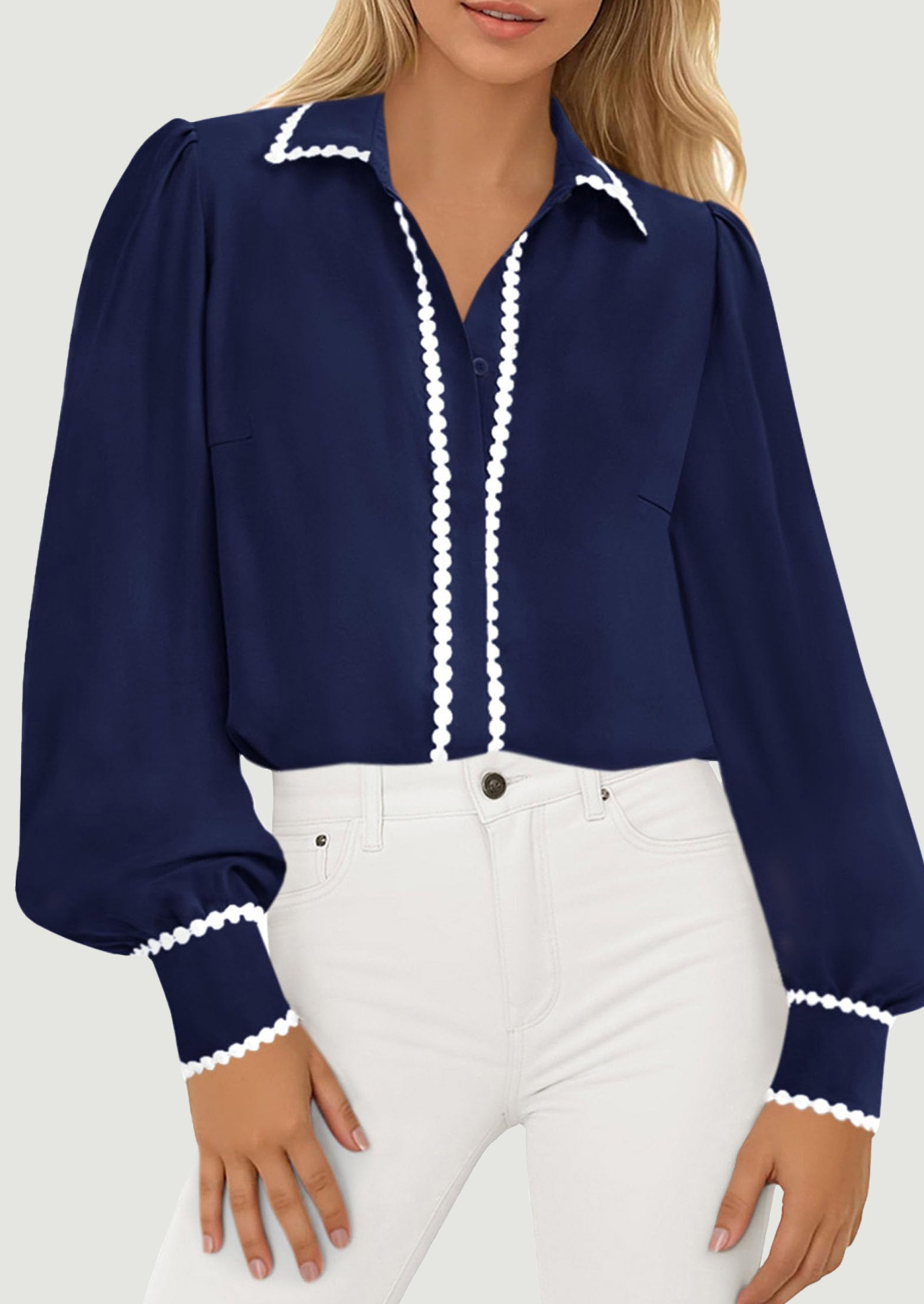 Womens Long Sleeve Button Down Shirts Trendy V Neck Loose Fit Fall Tops Collared Dressy Casual Blouses