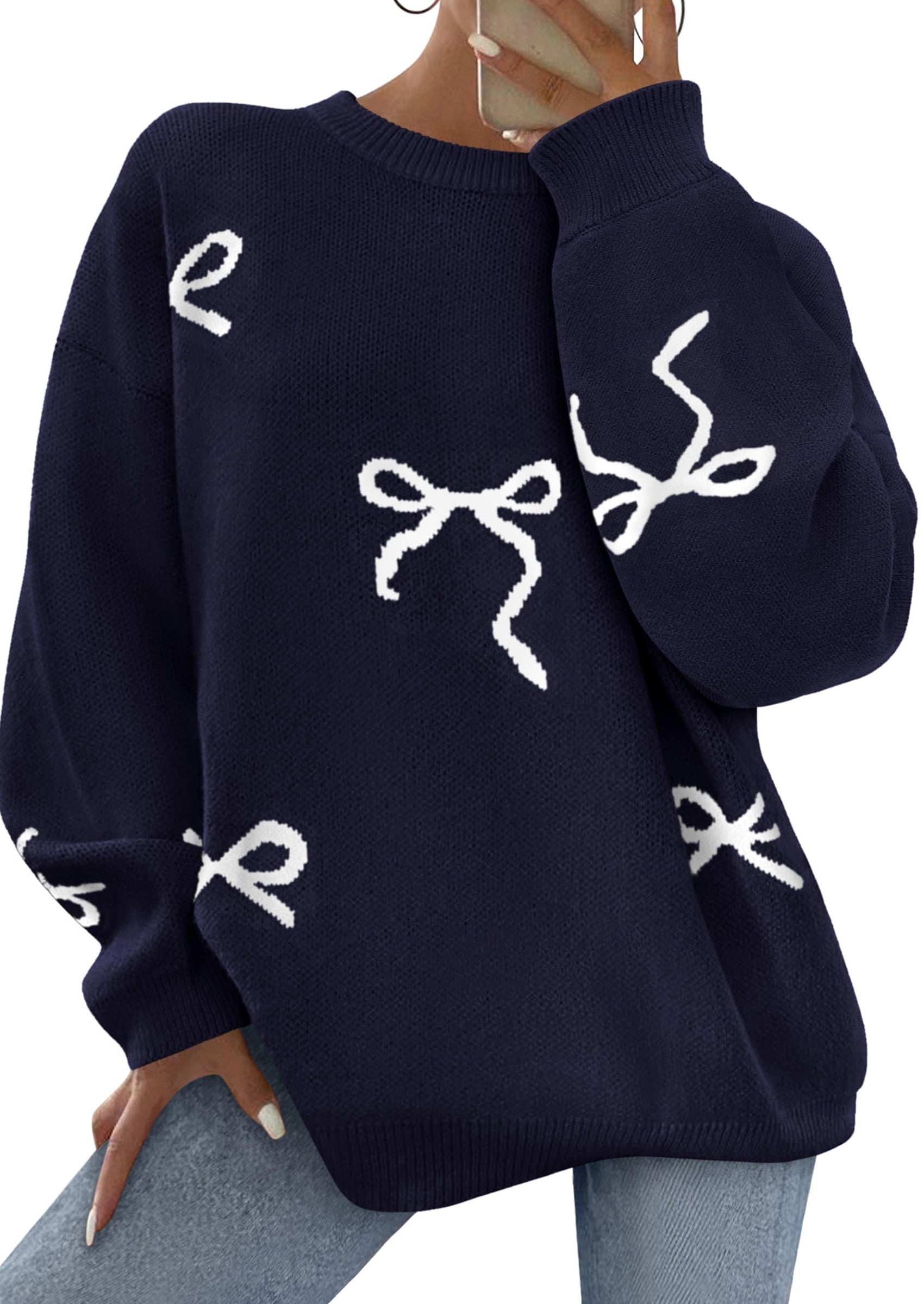 Fall Long Sleeve Pullover Sweaters for Women Trendy Crewneck Casual Cute Bow Chunky Knit Oversized Sweater