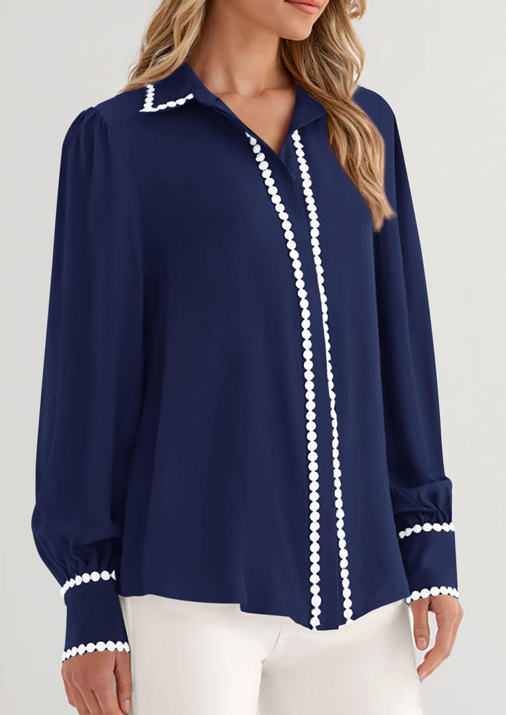 Womens Long Sleeve Button Down Shirts Trendy V Neck Loose Fit Fall Tops Collared Dressy Casual Blouses