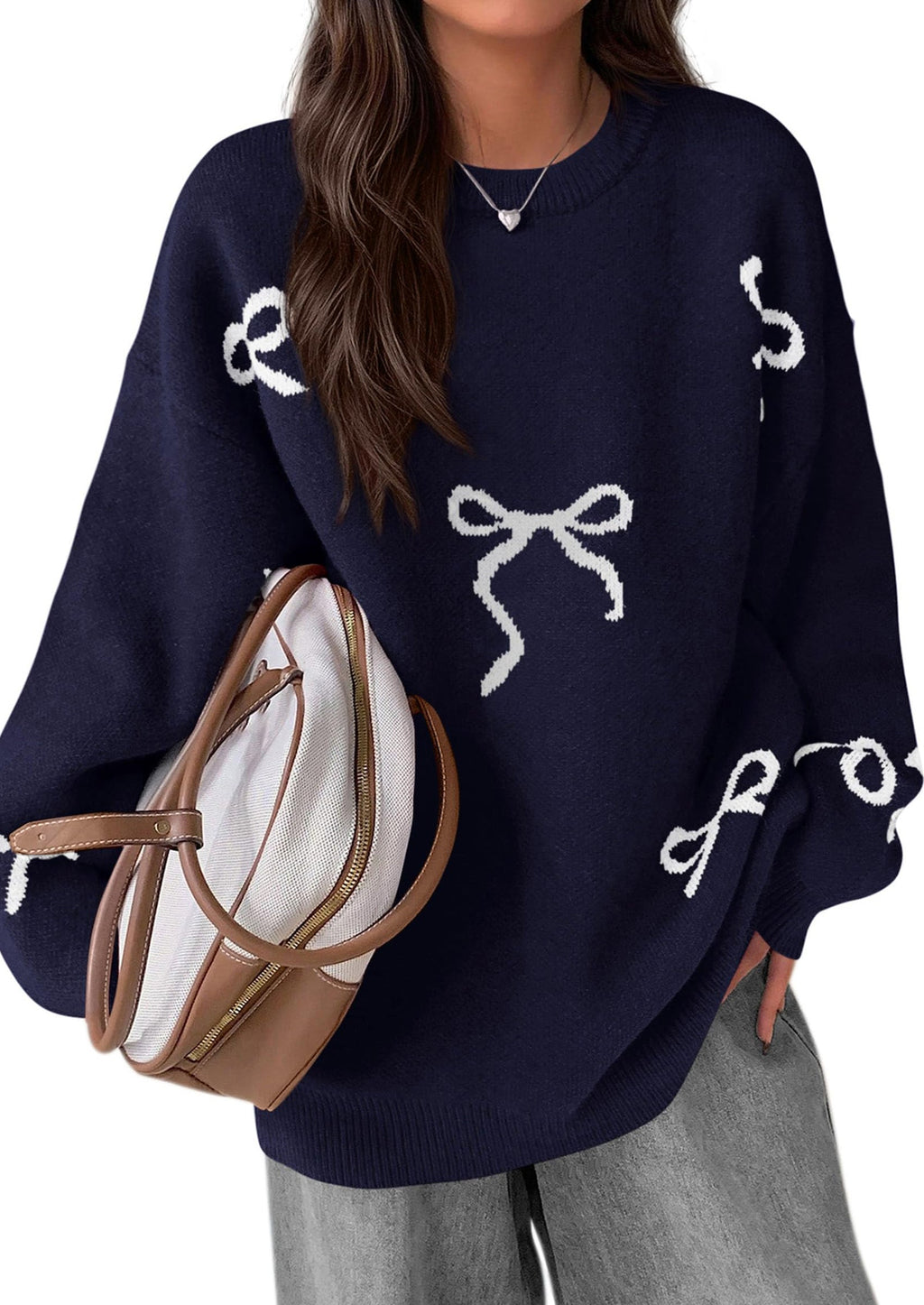 Fall Long Sleeve Pullover Sweaters for Women Trendy Crewneck Casual Cute Bow Chunky Knit Oversized Sweater