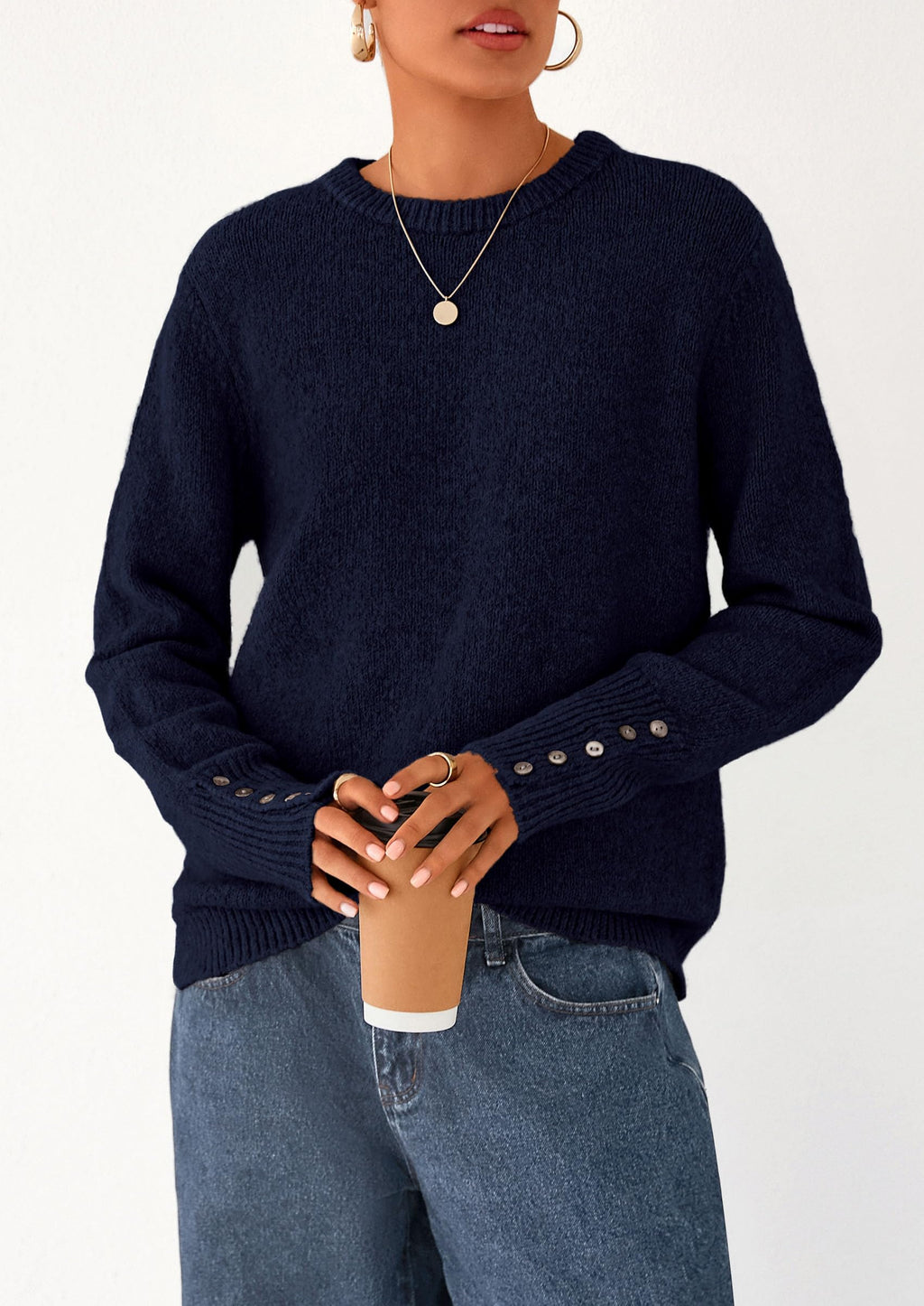 Womens Sweaters Fall Fashion Casual Crewneck Pullover Button Long Sleeve Cute Knit Tops Winter Clothes