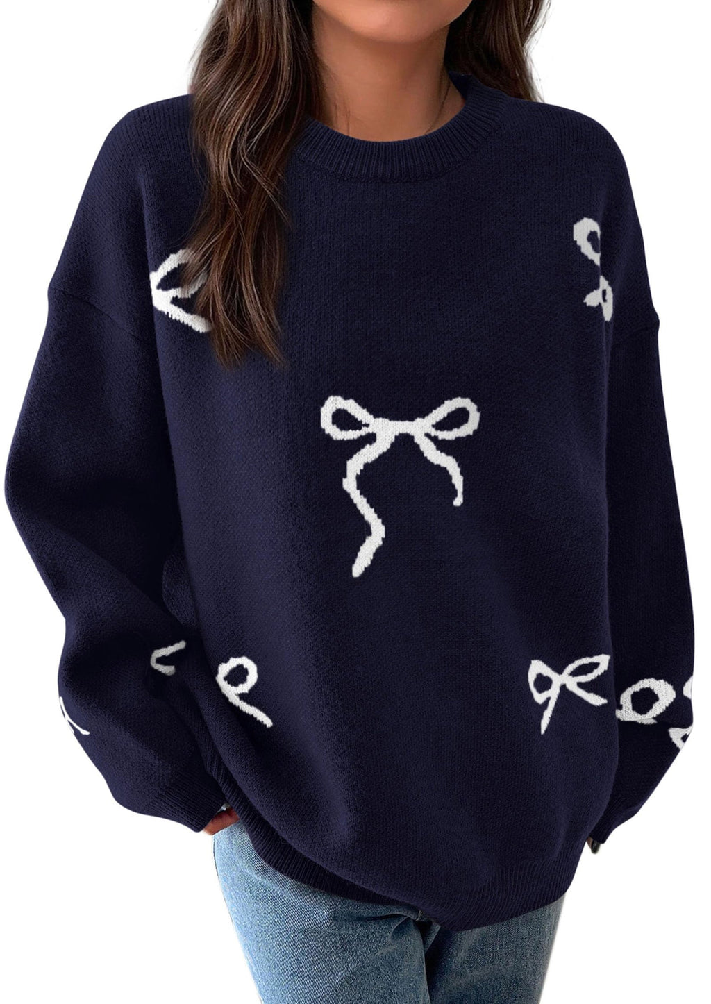 Fall Long Sleeve Pullover Sweaters for Women Trendy Crewneck Casual Cute Bow Chunky Knit Oversized Sweater