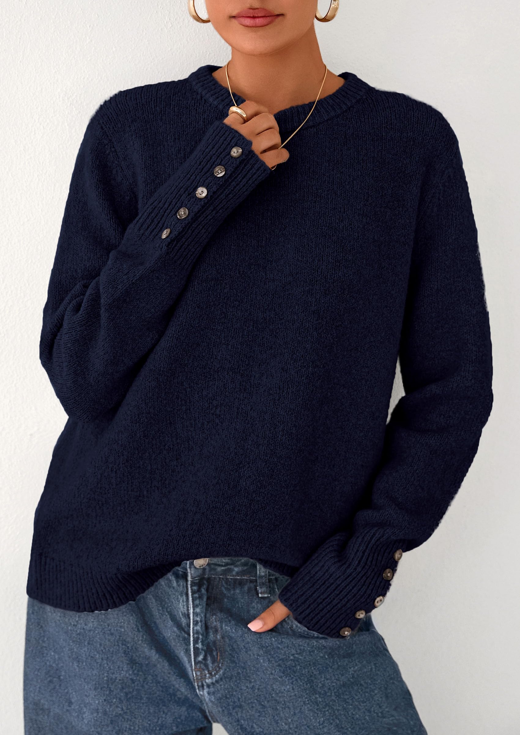 Womens Sweaters Fall Fashion Casual Crewneck Pullover Button Long Sleeve Cute Knit Tops Winter Clothes