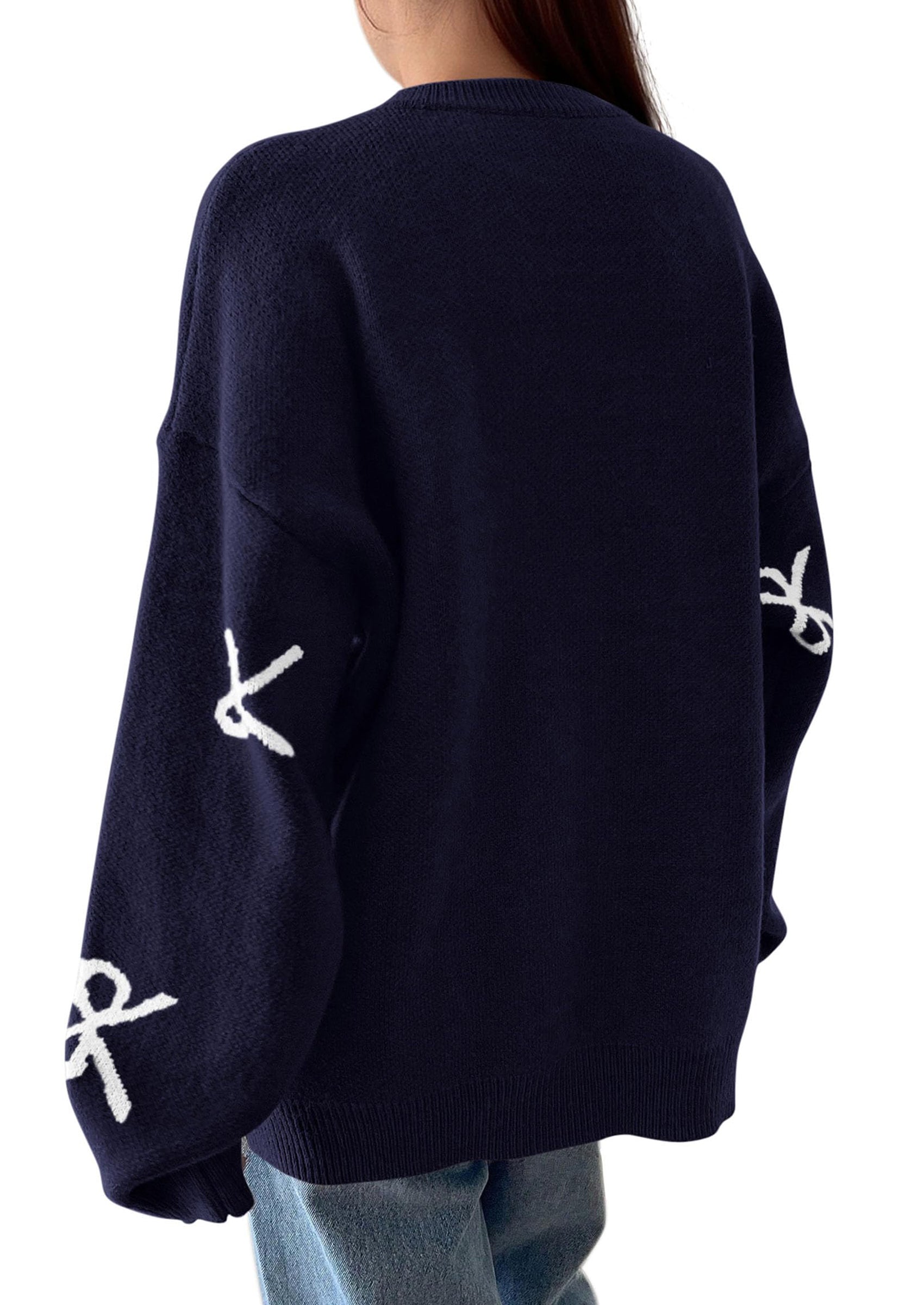 Fall Long Sleeve Pullover Sweaters for Women Trendy Crewneck Casual Cute Bow Chunky Knit Oversized Sweater