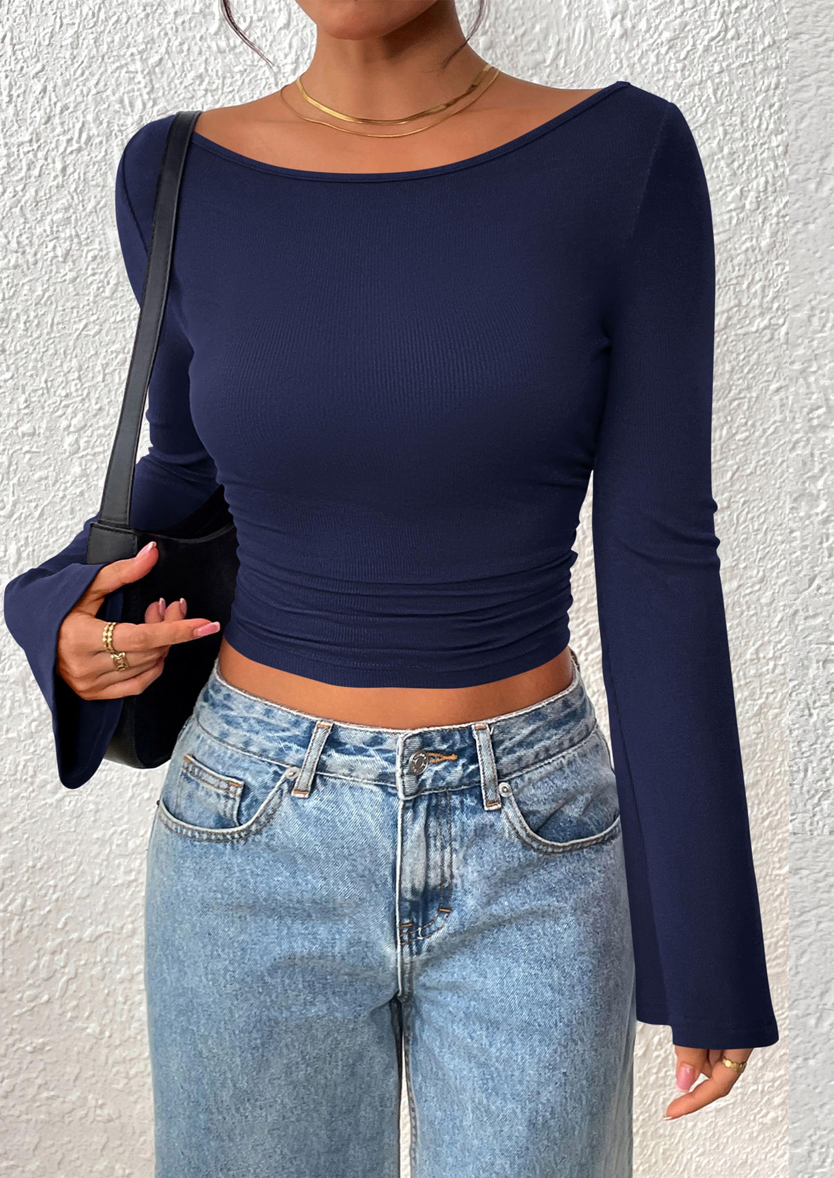 Women's Long Sleeve Shirts Fall Going Out Tops Casual Boat Neck Bell Sleeve Ribbed Ruched Y2K Clothes