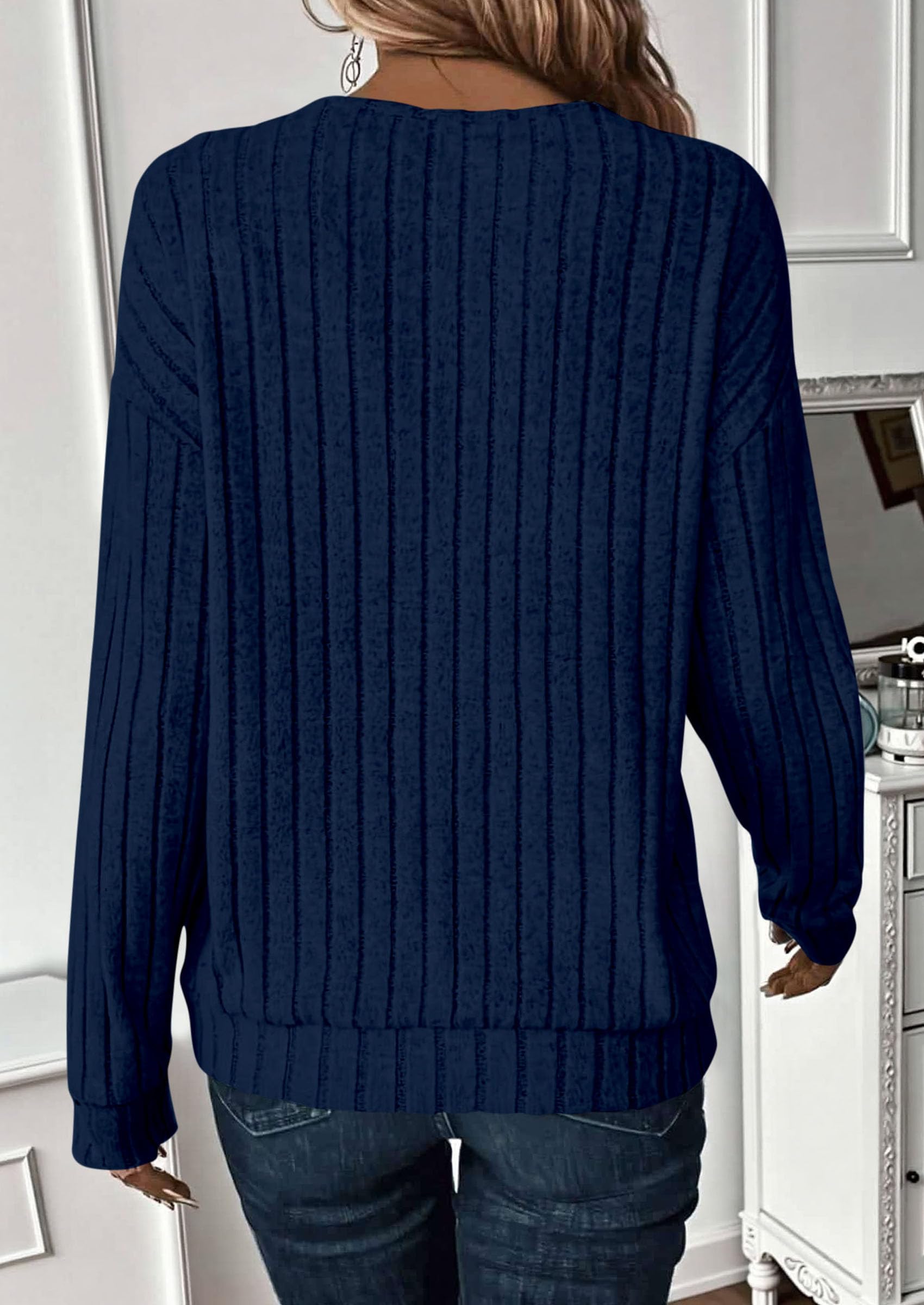 Fall Fashion Long Sleeve Shirts for Women Ribbed Knit V Neck Dressy Casual Lightweight Sweaters Tunic Tops