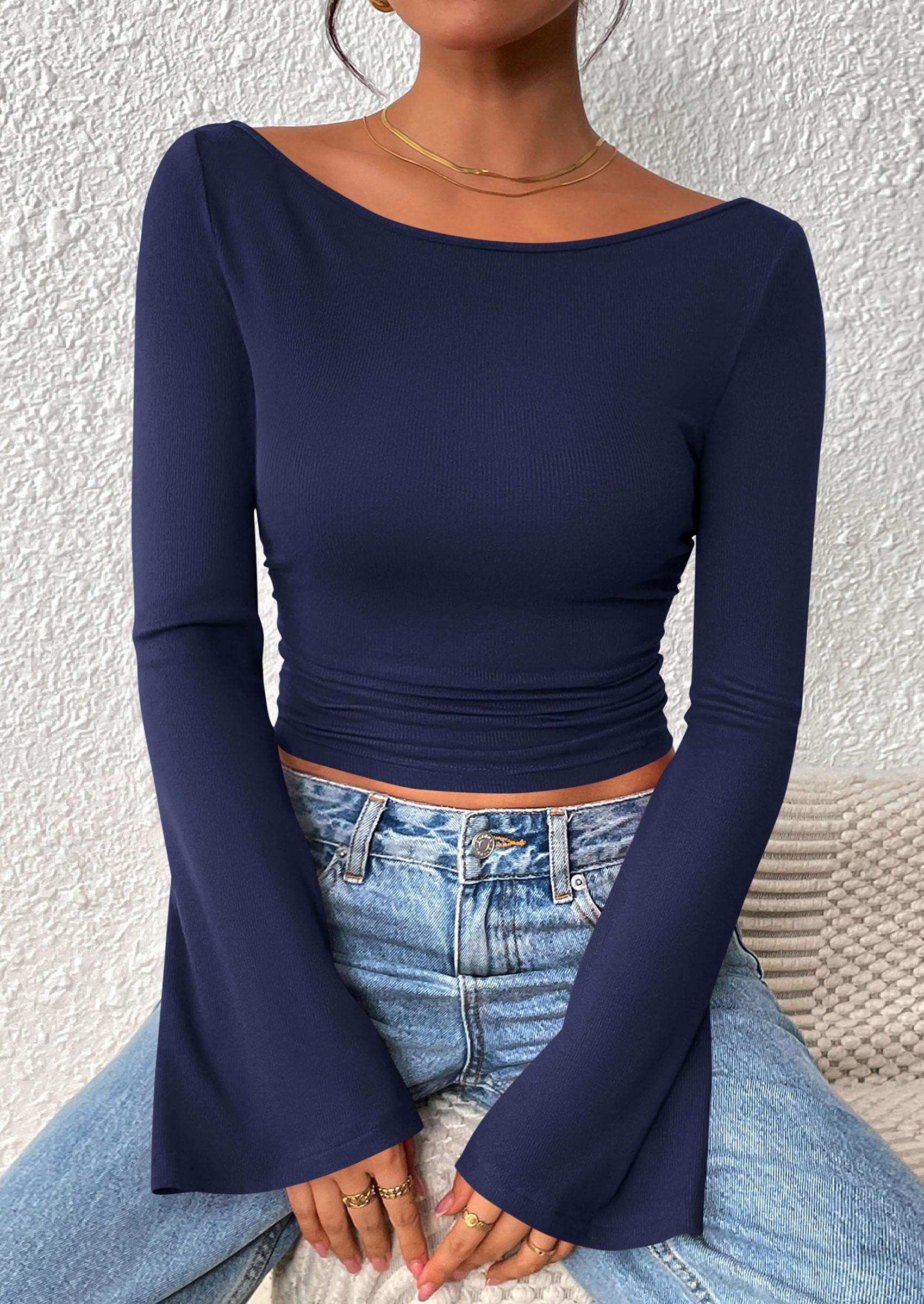 Women's Long Sleeve Shirts Fall Going Out Tops Casual Boat Neck Bell Sleeve Ribbed Ruched Y2K Clothes