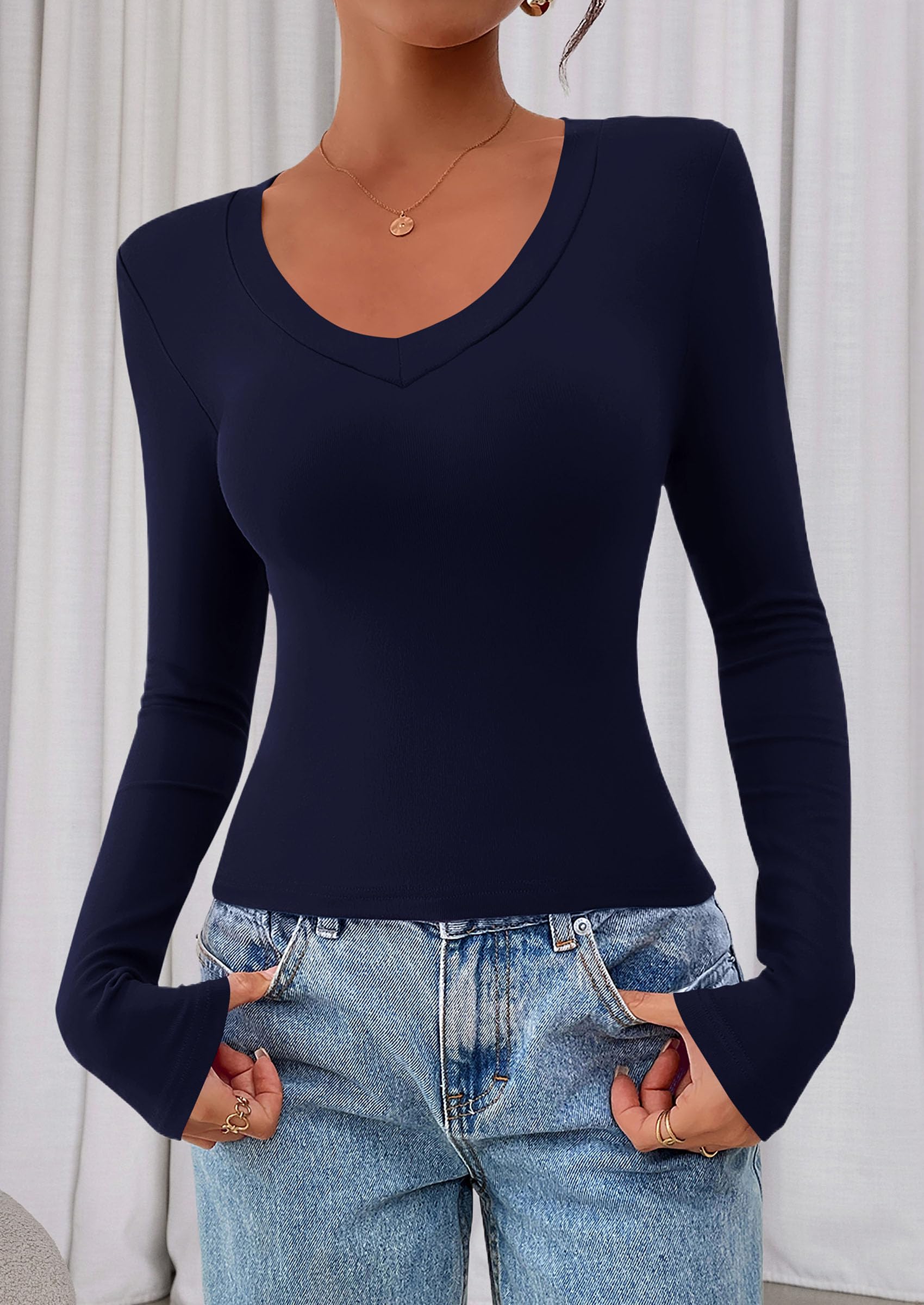 Womens Long Sleeve T Shirts Fall Trendy Deep V Neck Slim Fit Basic Crop Tops Casual Going Out Top