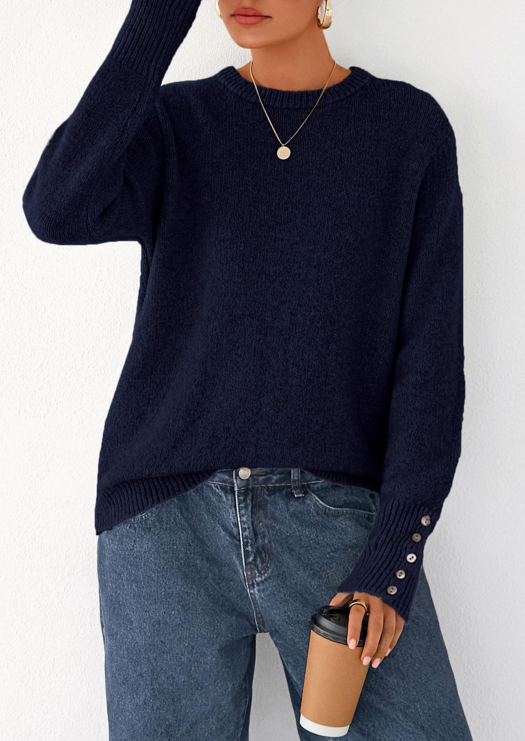 Womens Sweaters Fall Fashion Casual Crewneck Pullover Button Long Sleeve Cute Knit Tops Winter Clothes