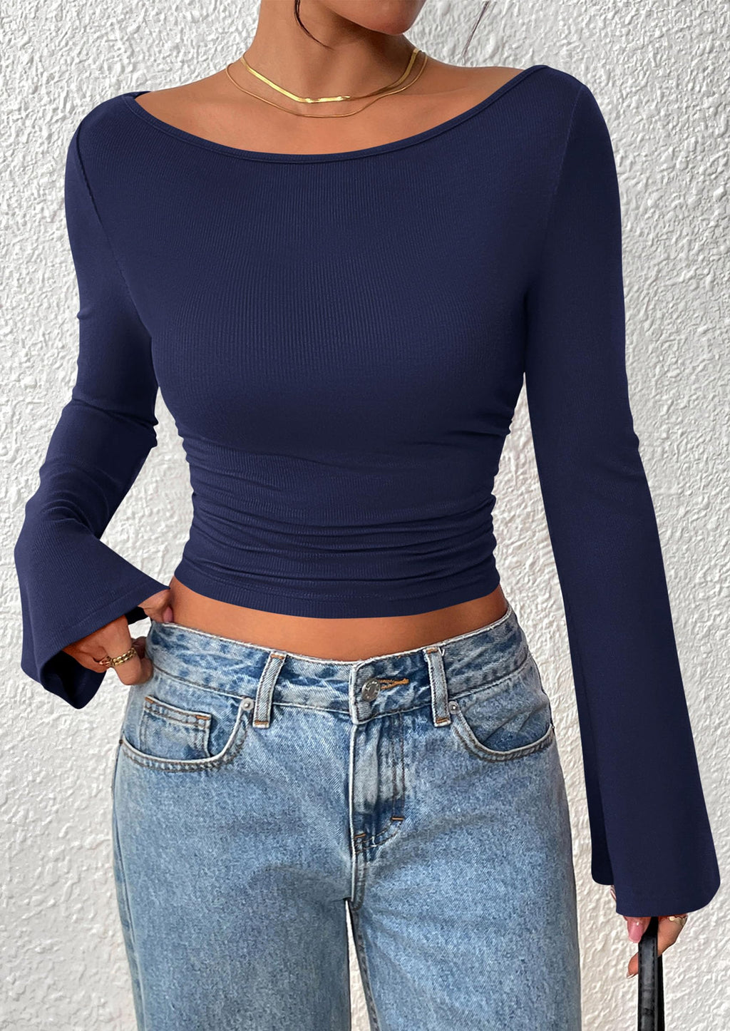 Women's Long Sleeve Shirts Fall Going Out Tops Casual Boat Neck Bell Sleeve Ribbed Ruched Y2K Clothes