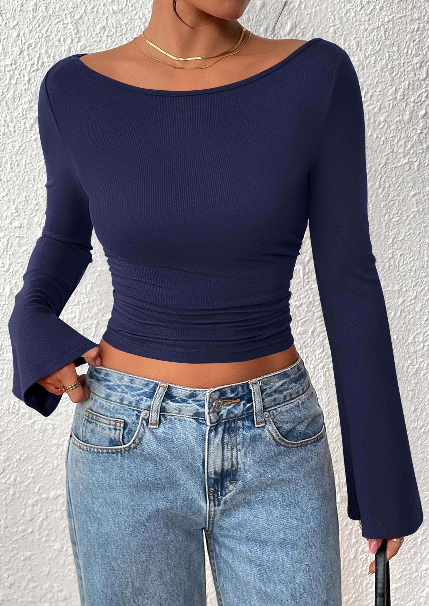 Women's Long Sleeve Shirts Fall Going Out Tops Casual Boat Neck Bell Sleeve Ribbed Ruched Y2K Clothes