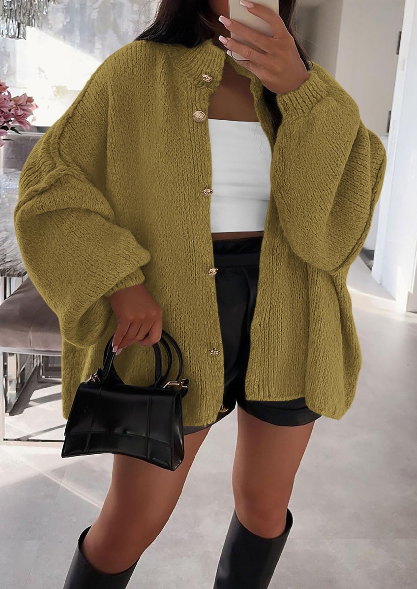 Women's Winter Button Down Cardigan Sweaters Mock Neck Lantern Long Sleeve Chunky Knit Jacket Trendy Outerwear