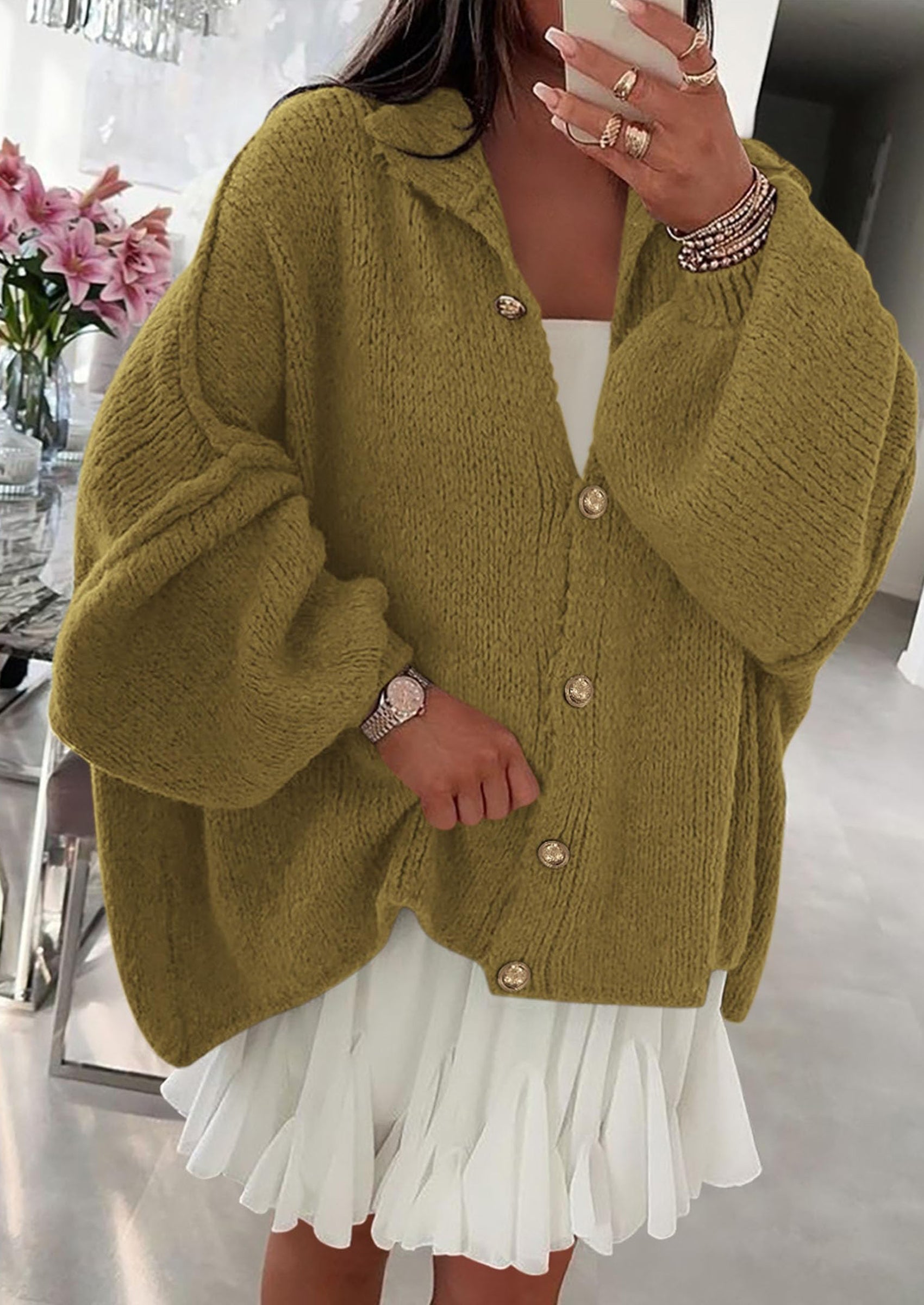 Women's Winter Button Down Cardigan Sweaters Mock Neck Lantern Long Sleeve Chunky Knit Jacket Trendy Outerwear