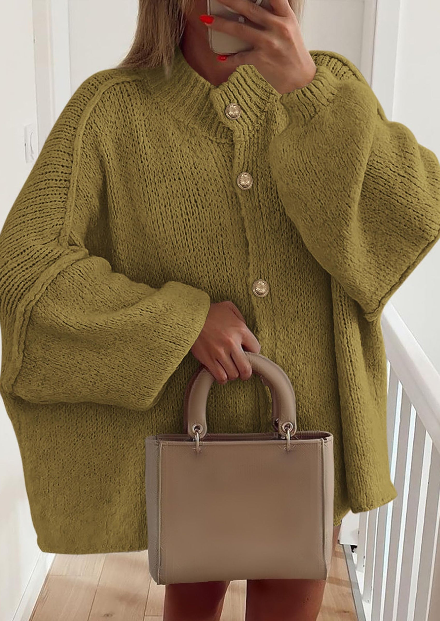 Women's Winter Button Down Cardigan Sweaters Mock Neck Lantern Long Sleeve Chunky Knit Jacket Trendy Outerwear