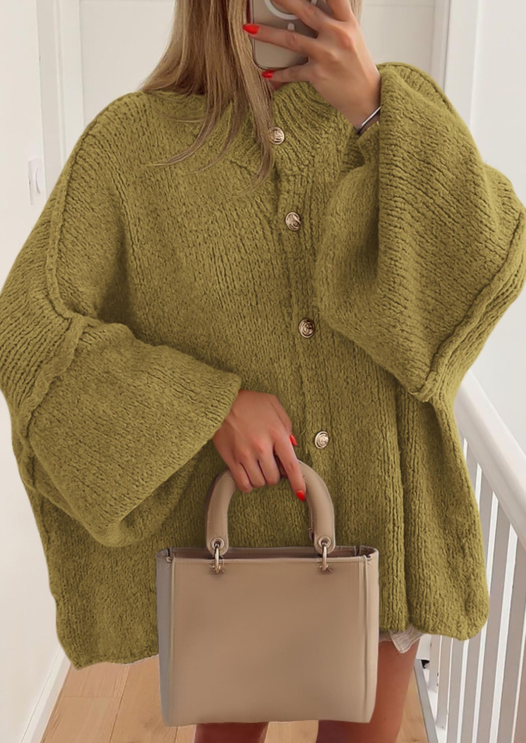 Women's Winter Button Down Cardigan Sweaters Mock Neck Lantern Long Sleeve Chunky Knit Jacket Trendy Outerwear