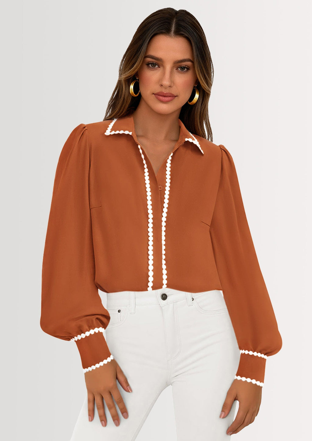 Womens Long Sleeve Button Down Shirts Trendy V Neck Loose Fit Fall Tops Collared Dressy Casual Blouses