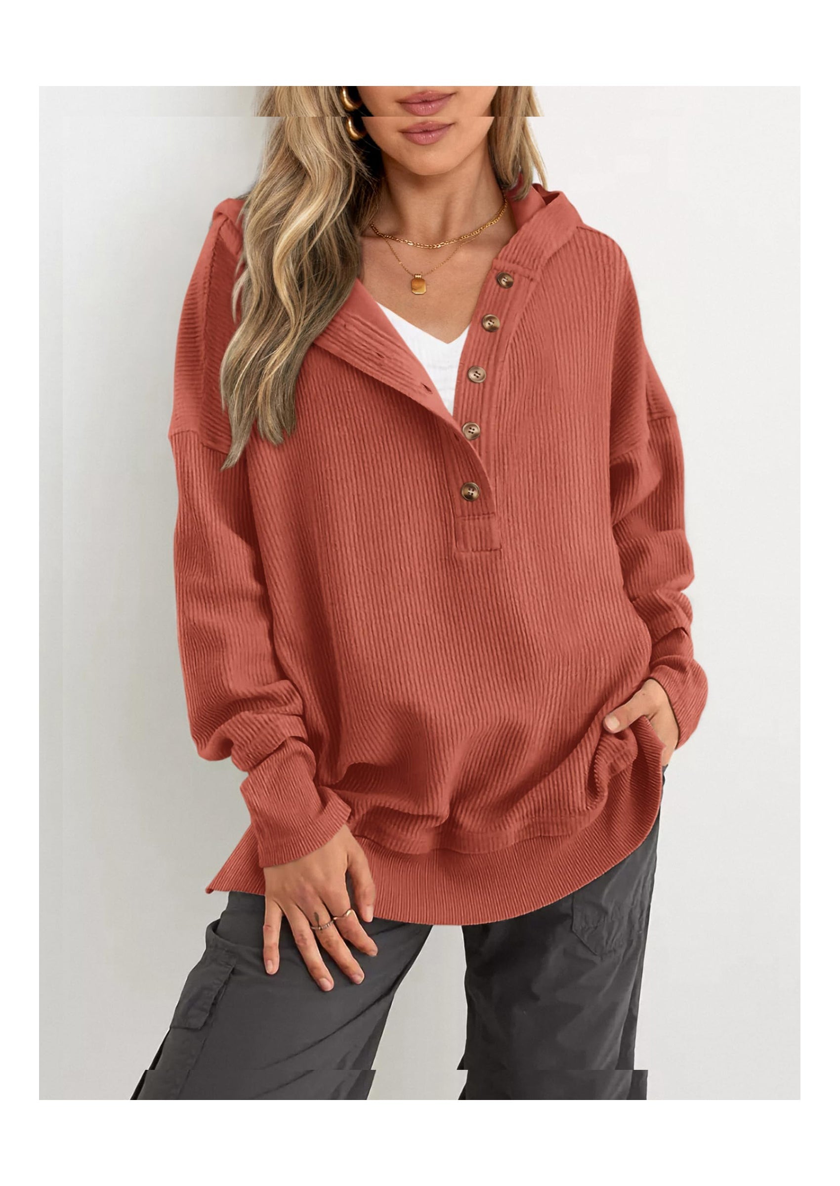 Womens Fashion Oversized Long Sleeve Hoodie Button Down V Neck Sweatshirt Side Slit Casual Pullover Tops