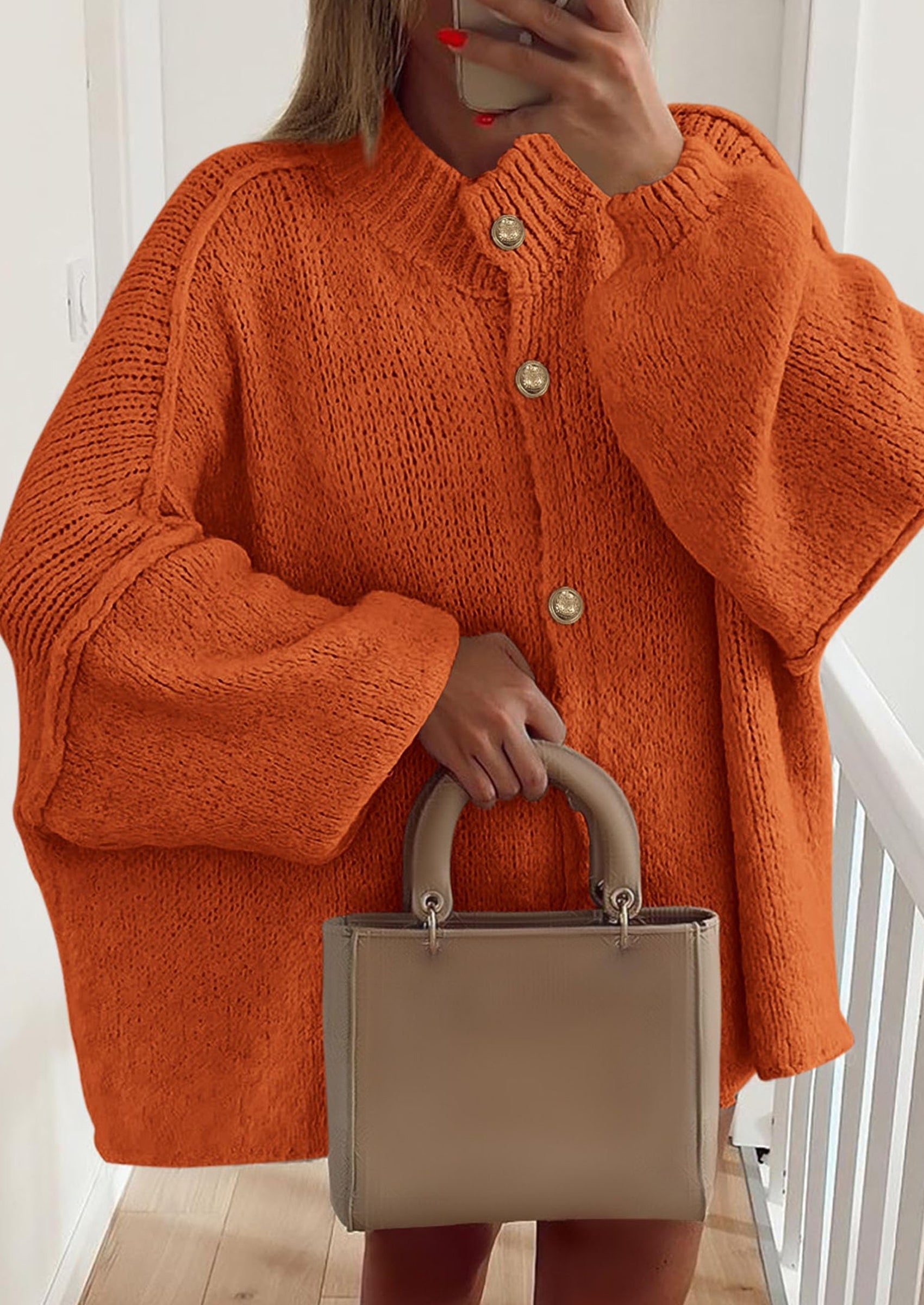 Women's Winter Button Down Cardigan Sweaters Mock Neck Lantern Long Sleeve Chunky Knit Jacket Trendy Outerwear