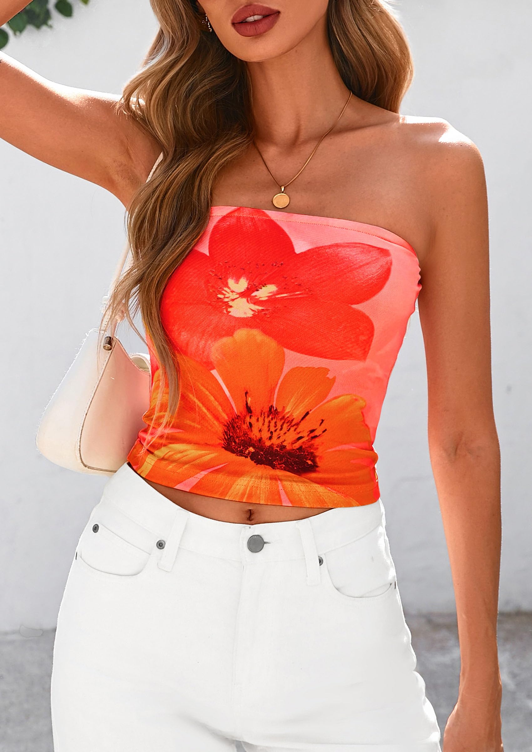 Strapless Tube Tops for Women Summer Mesh Floral Y2K Bandeau Cute Crop Top Trendy Going Out Outfits