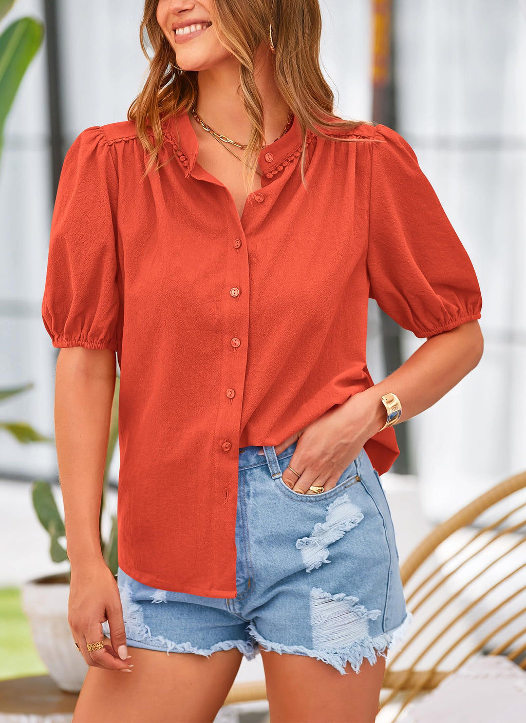 Women's Summer Tops Button Down Shirts Short Lantern Sleeve V Neck Cotton Cute Dressy Casual Blouses