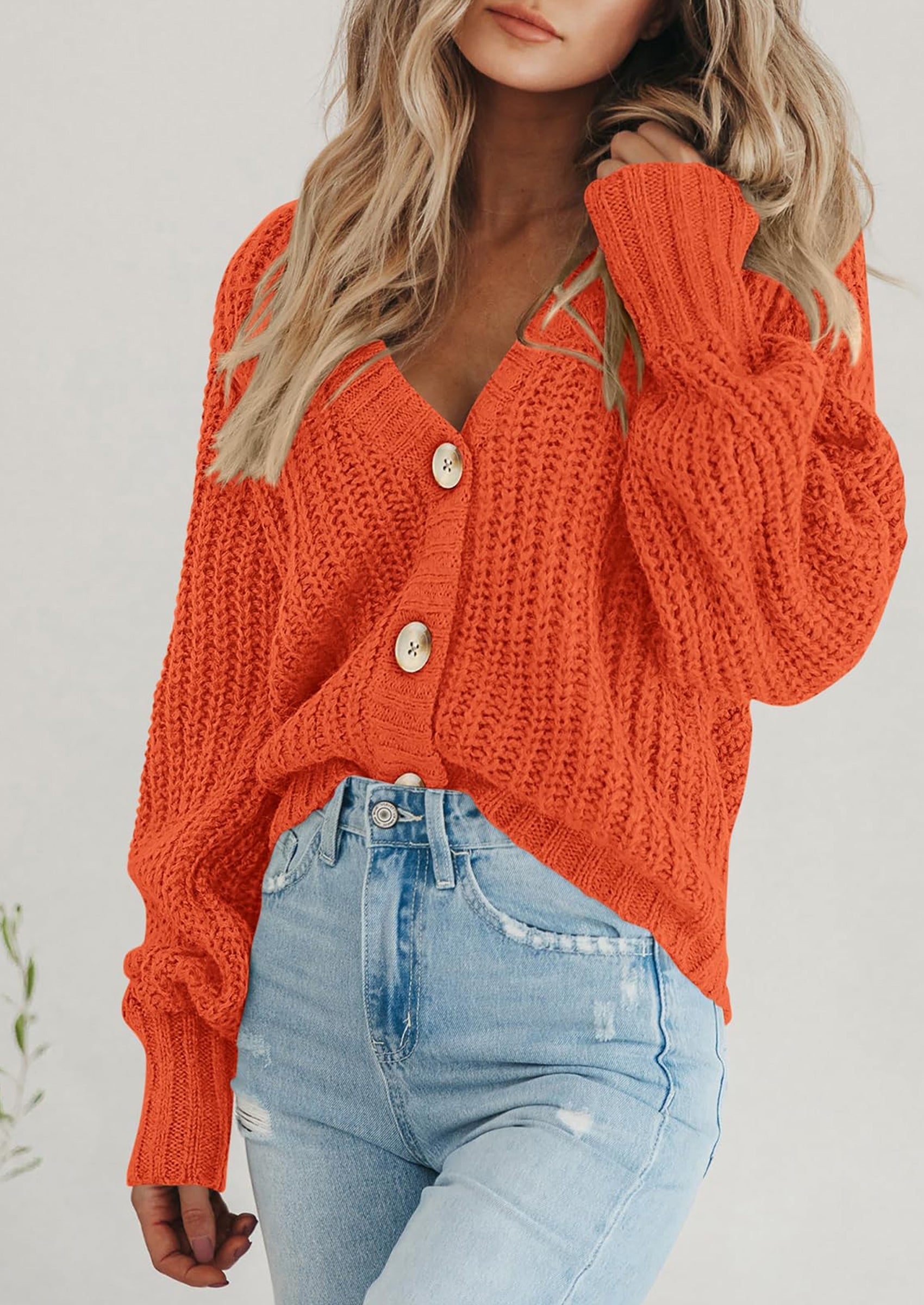 Women's Chunky Knit Open Front Sweater Long Sleeve Button Loose Short Cardigan Outerwear Coats