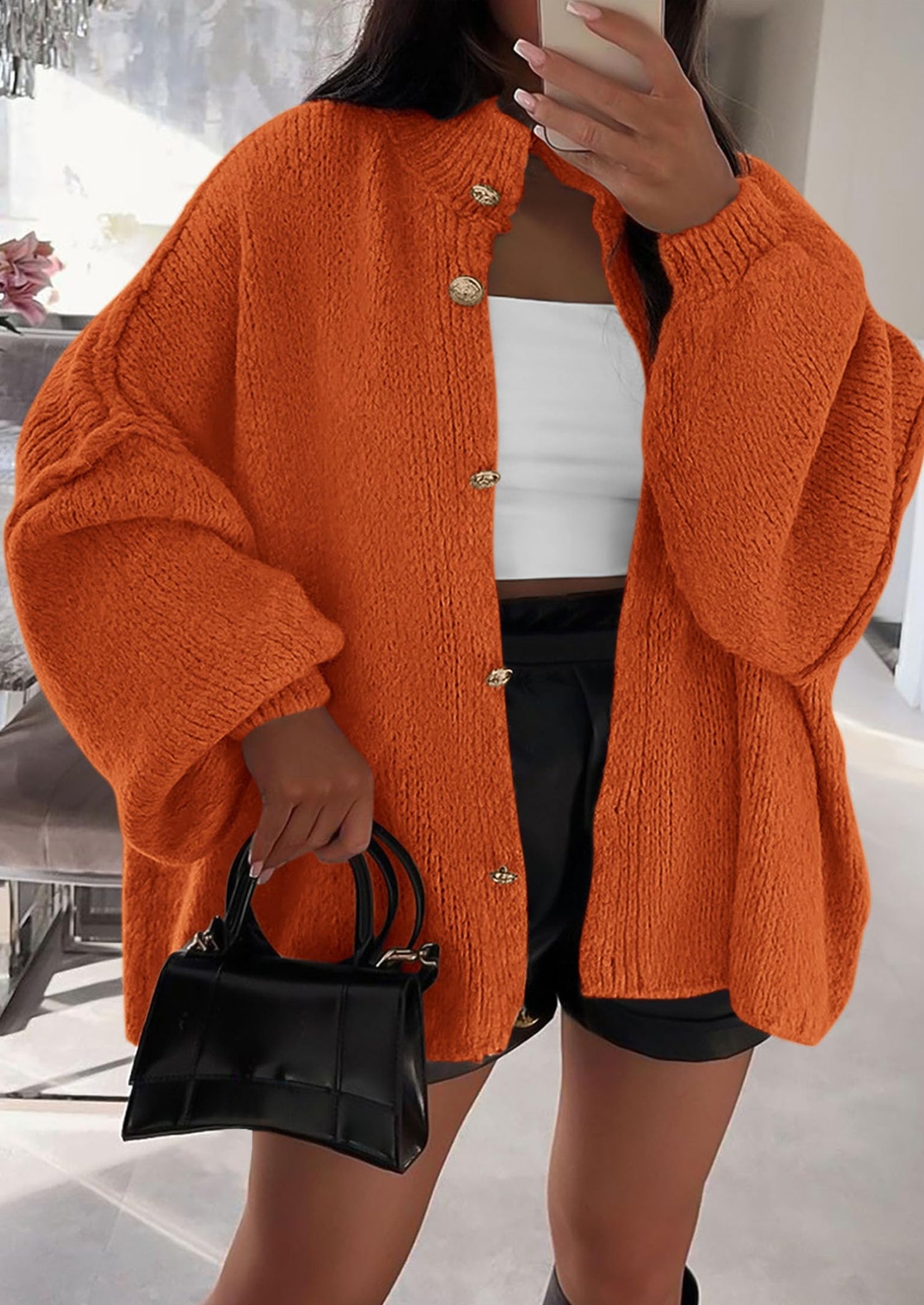 Women's Winter Button Down Cardigan Sweaters Mock Neck Lantern Long Sleeve Chunky Knit Jacket Trendy Outerwear