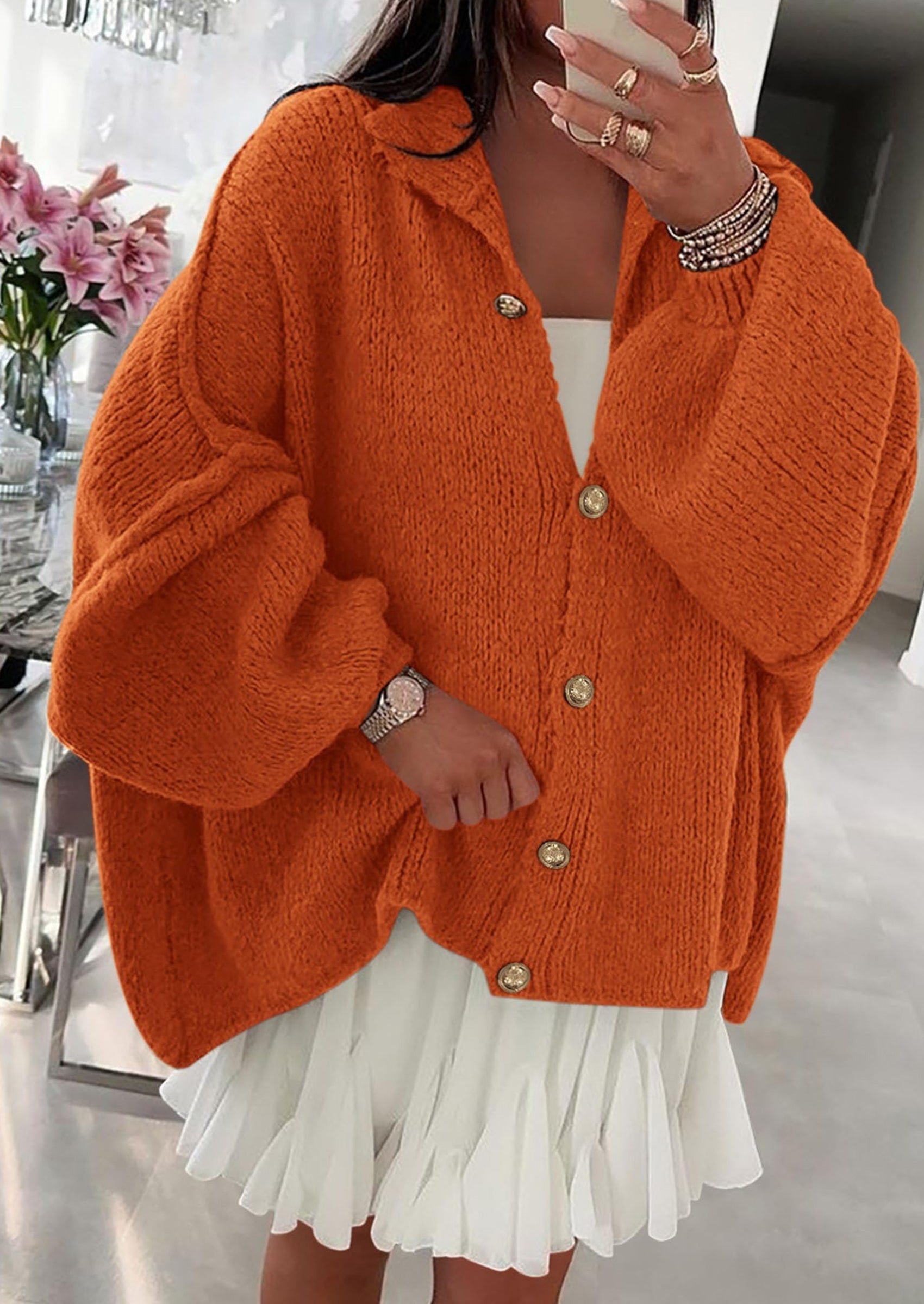 Women's Winter Button Down Cardigan Sweaters Mock Neck Lantern Long Sleeve Chunky Knit Jacket Trendy Outerwear