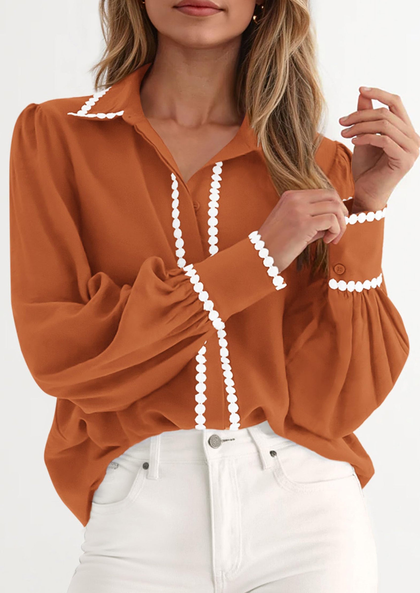 Womens Long Sleeve Button Down Shirts Trendy V Neck Loose Fit Fall Tops Collared Dressy Casual Blouses