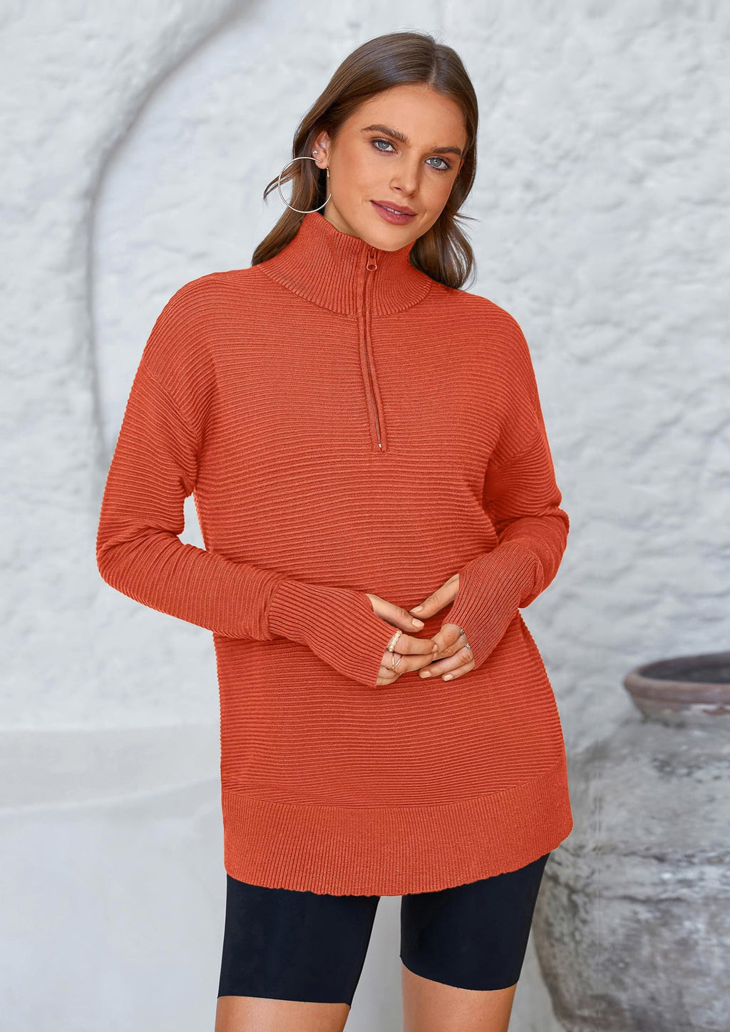 Womens Long Sleeve Quarter Zip Pullover Sweater Casual Loose V Neck Collared Ribbed Knit Jumper Tops Thumb Hole