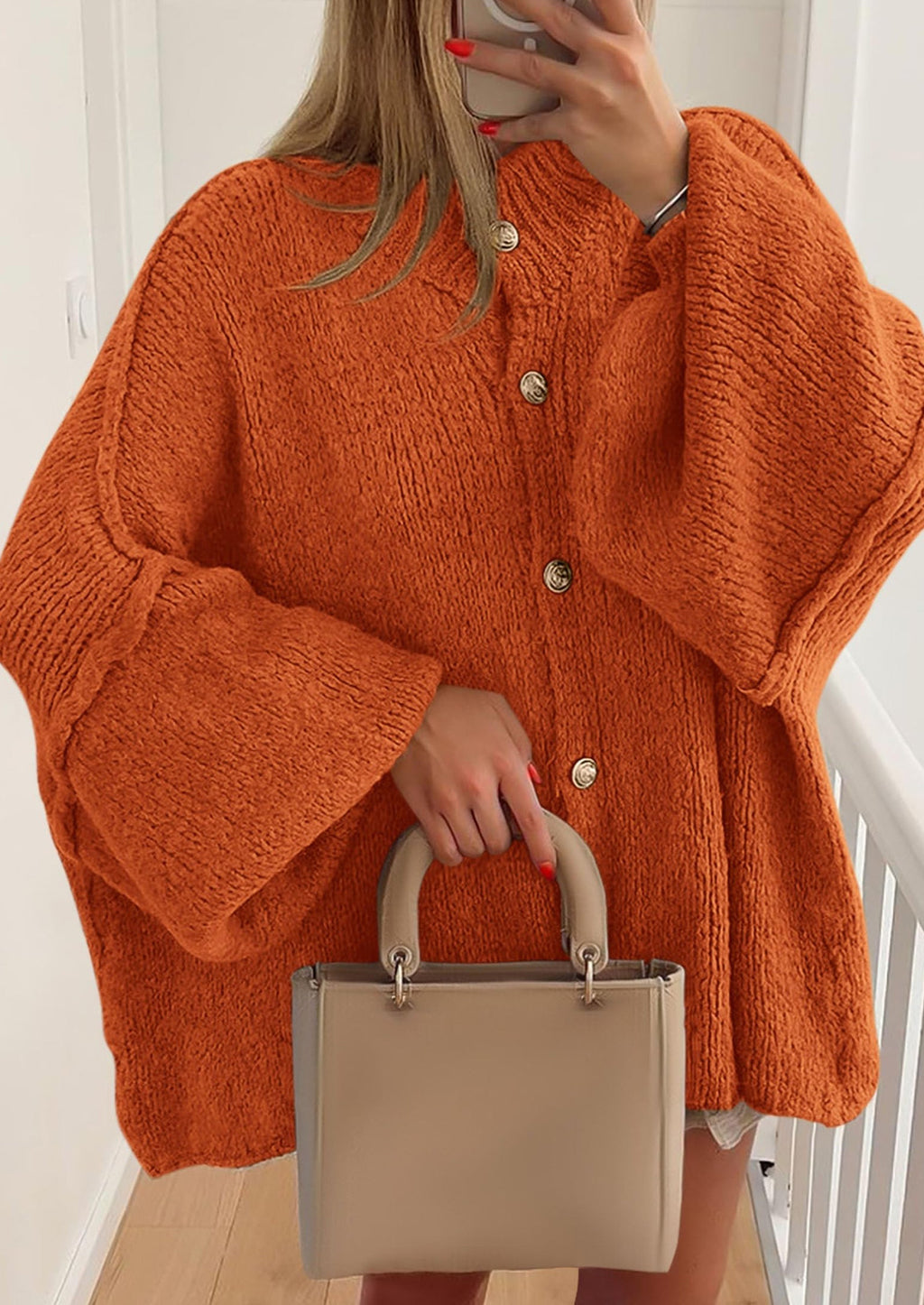 Women's Winter Button Down Cardigan Sweaters Mock Neck Lantern Long Sleeve Chunky Knit Jacket Trendy Outerwear