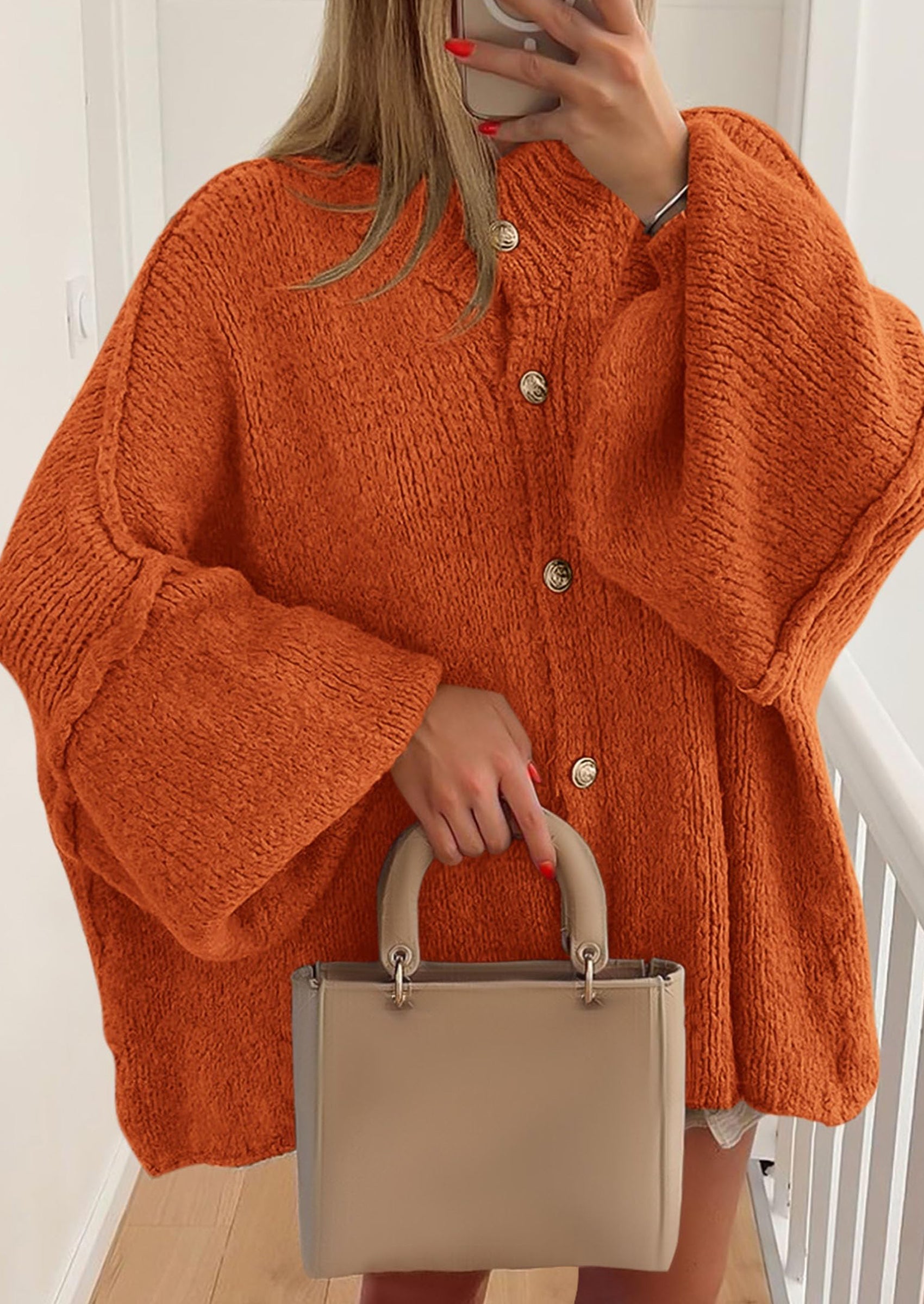 Women's Winter Button Down Cardigan Sweaters Mock Neck Lantern Long Sleeve Chunky Knit Jacket Trendy Outerwear