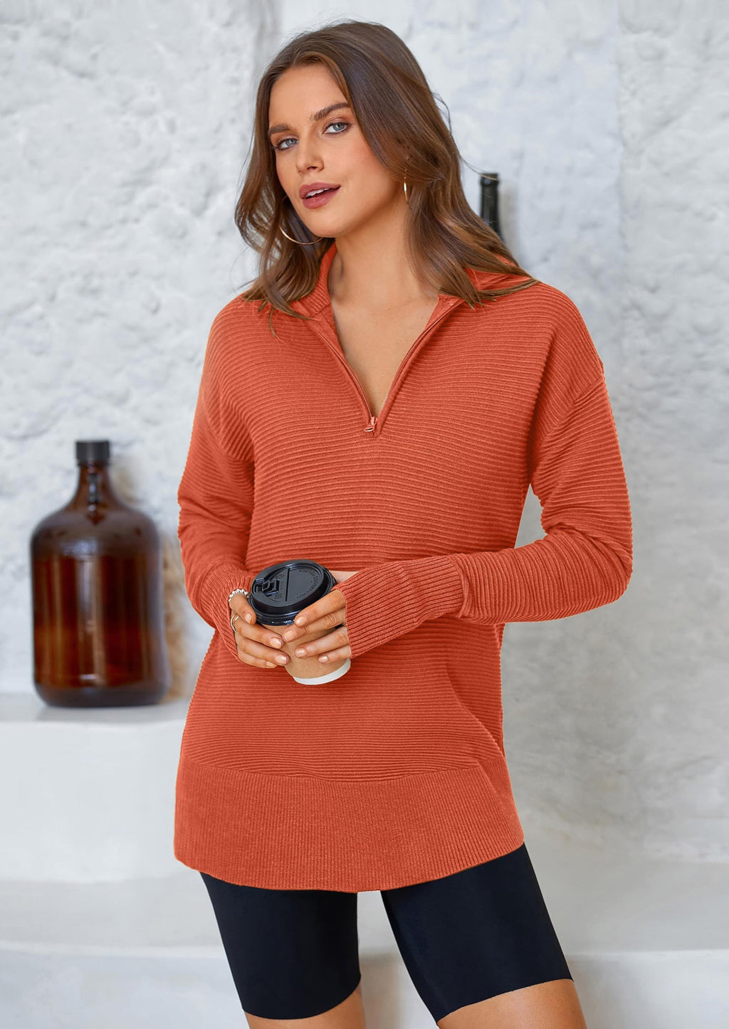 Womens Long Sleeve Quarter Zip Pullover Sweater Casual Loose V Neck Collared Ribbed Knit Jumper Tops Thumb Hole